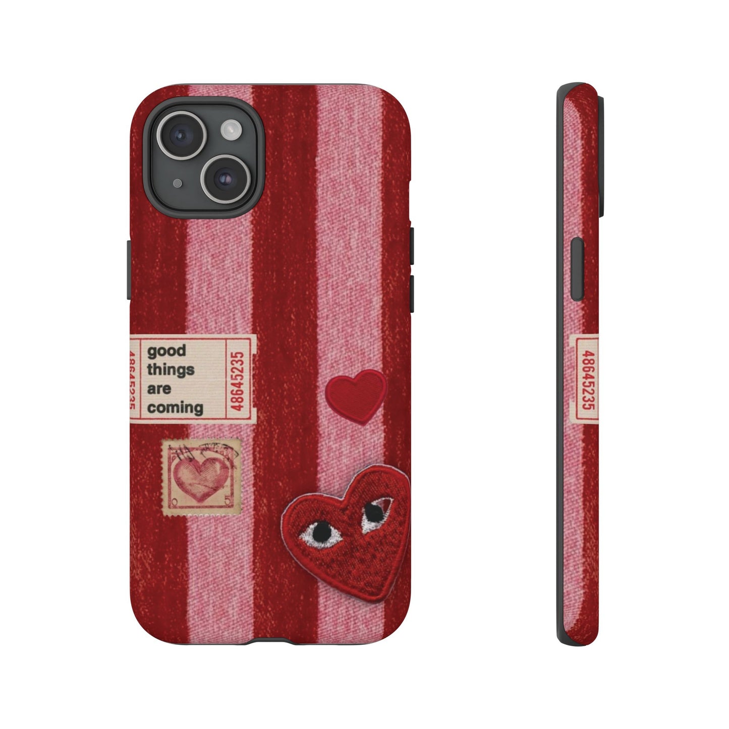 Phone Case — Red Striped Heart Design with “Good Things Are Coming”