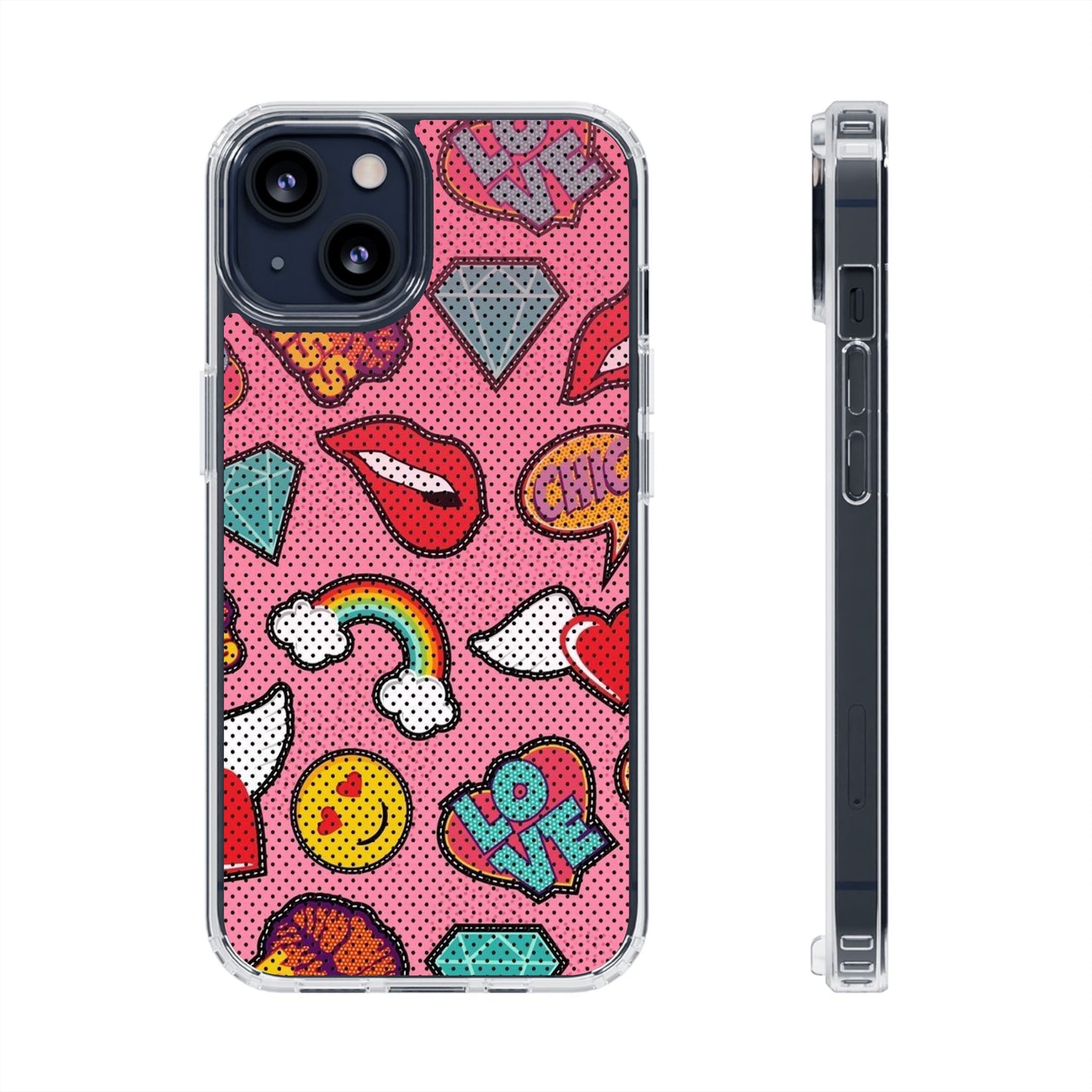 Clear Impact-Resistant Phone Case — Pink Pop Sticker Pattern (Hearts, Rainbows, Smileys)