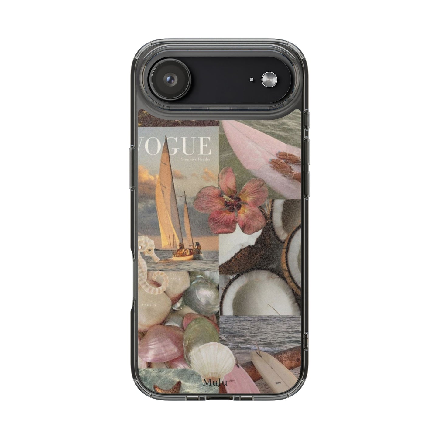 Clear Phone Case — Coastal Collage Shells & Surf Design