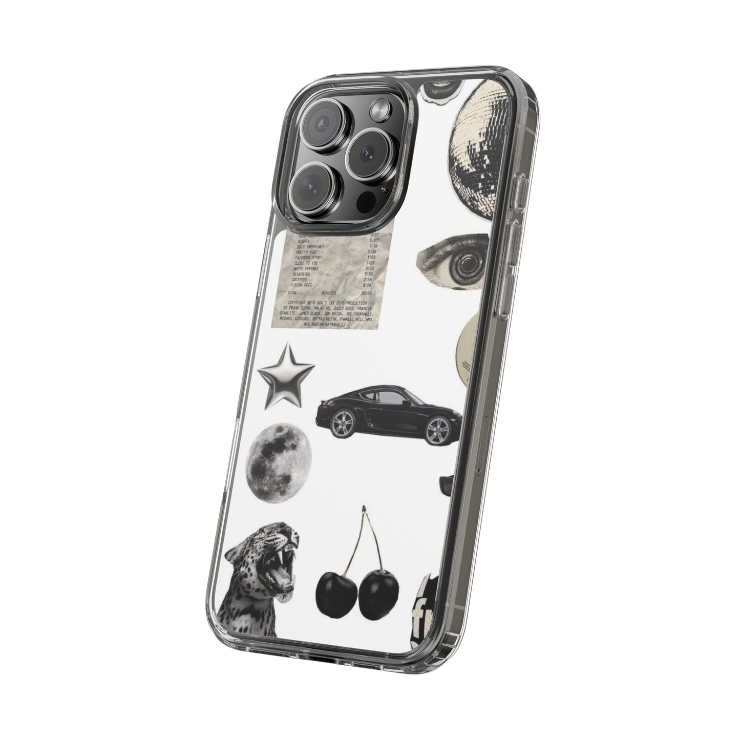 Clear Phone Case — Vintage Collage Stickers (Moon, Eye, Car, Cherries)