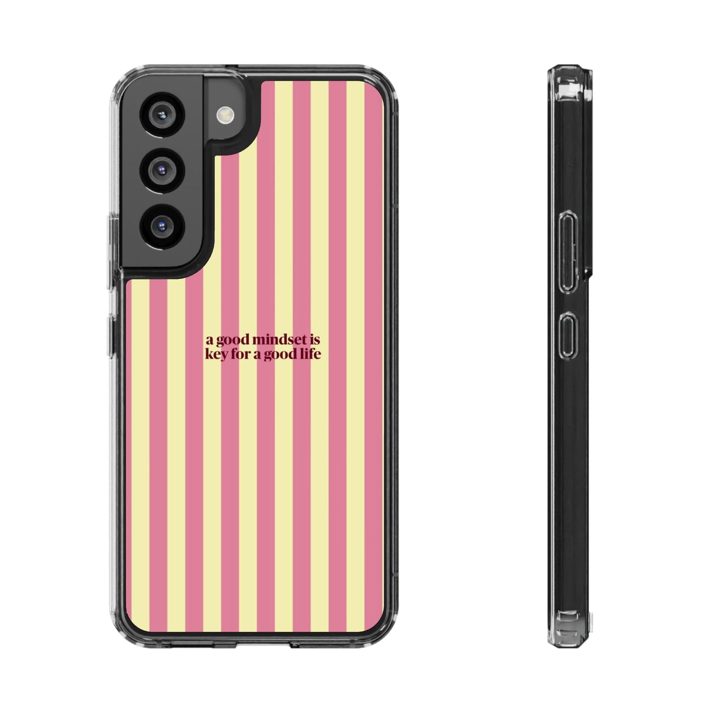 Striped Clear Phone Case — "A Good Mindset Is Key for a Good Life" Motivational iPhone Case