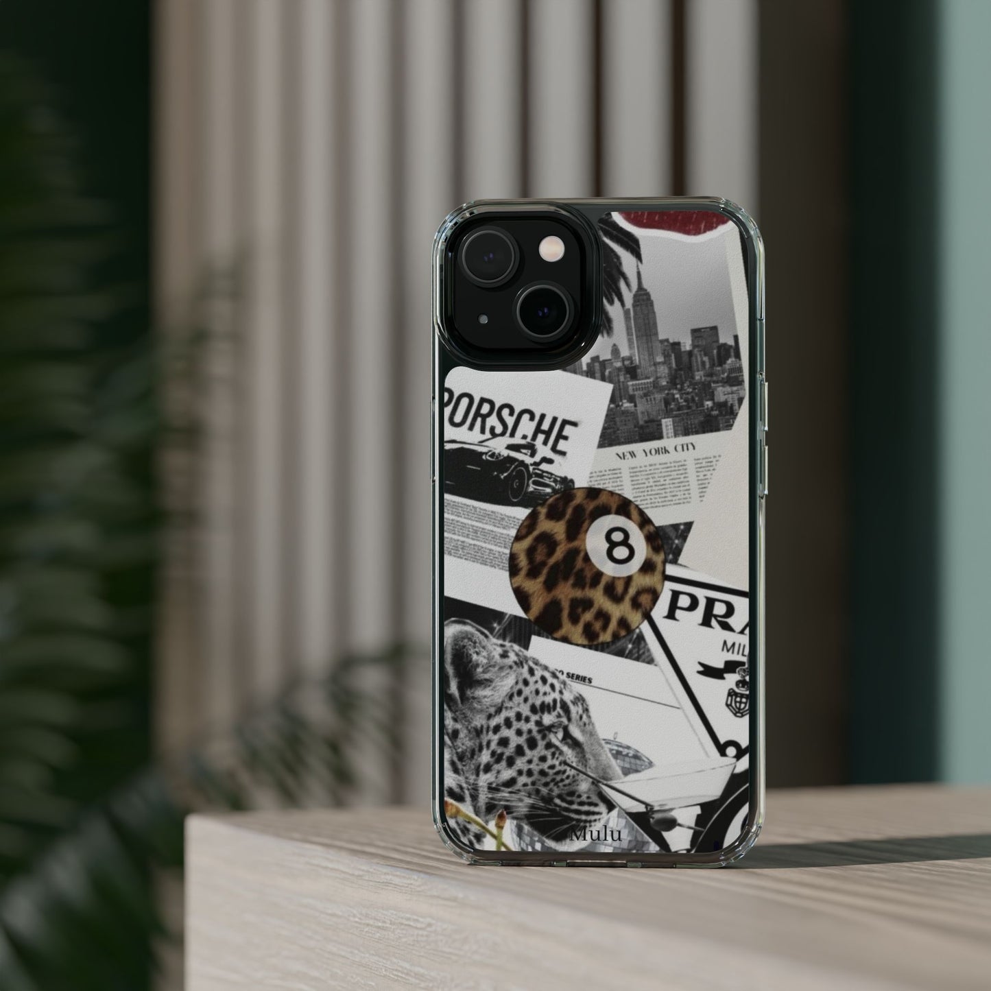 Clear Impact-Resistant Phone Case — Collage Luxury Leopard & Vintage Car Design