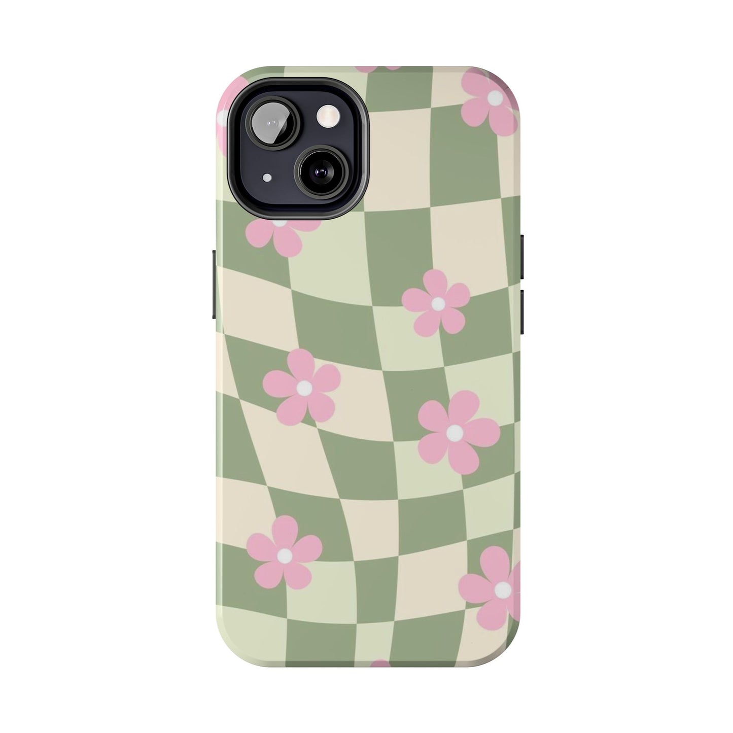 Tough Phone Case — Retro Green Checkerboard with Pink Flowers
