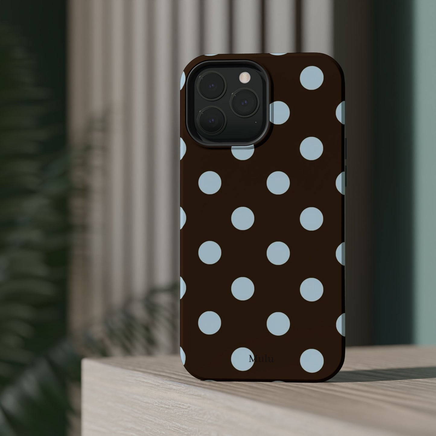 Polka Dot Magnetic Phone Case — Brown with Light Blue Dots, Impact-Resistant