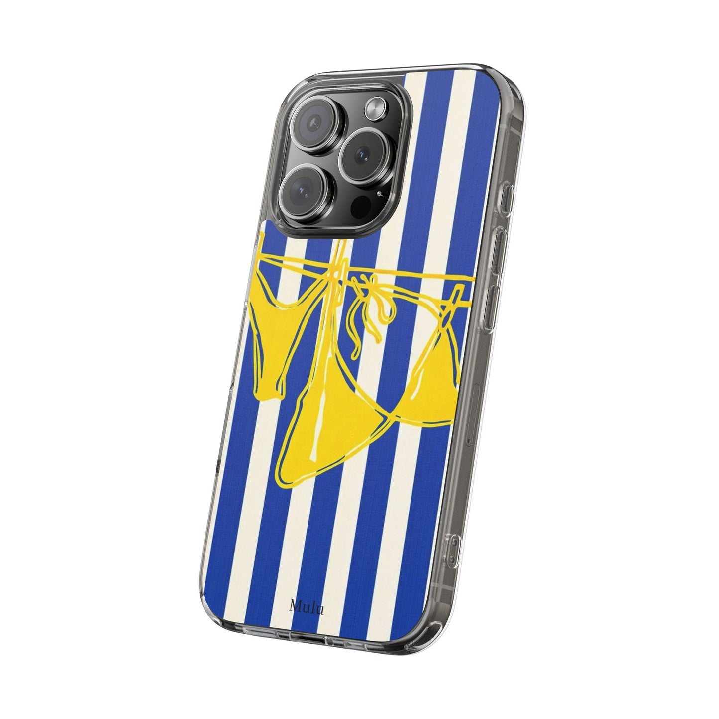 Striped Beach Bikini Phone Case — Yellow Swimwear on Blue & White Stripes, Clear Impact-Resistant