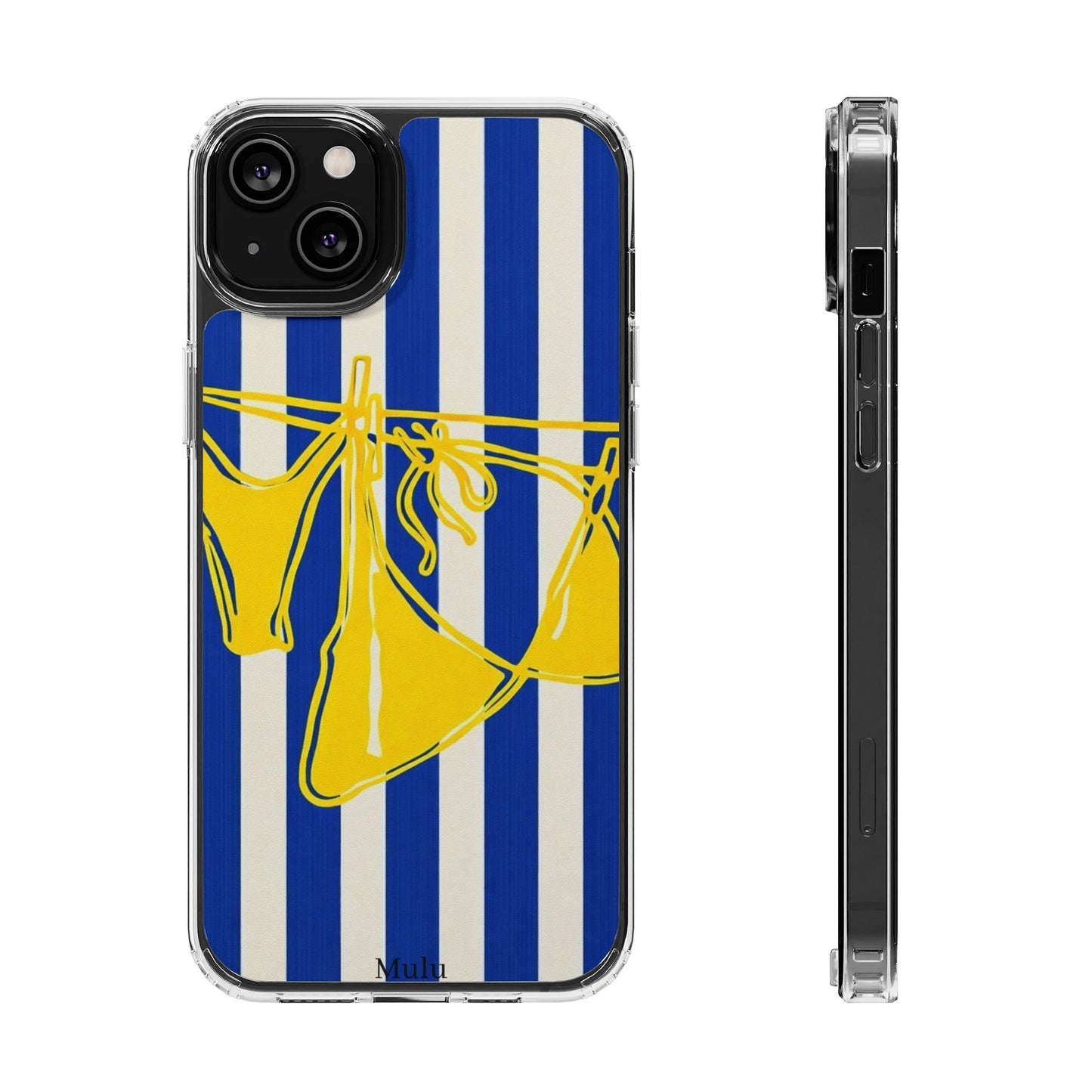 Striped Beach Bikini Phone Case — Yellow Swimwear on Blue & White Stripes, Clear Impact-Resistant
