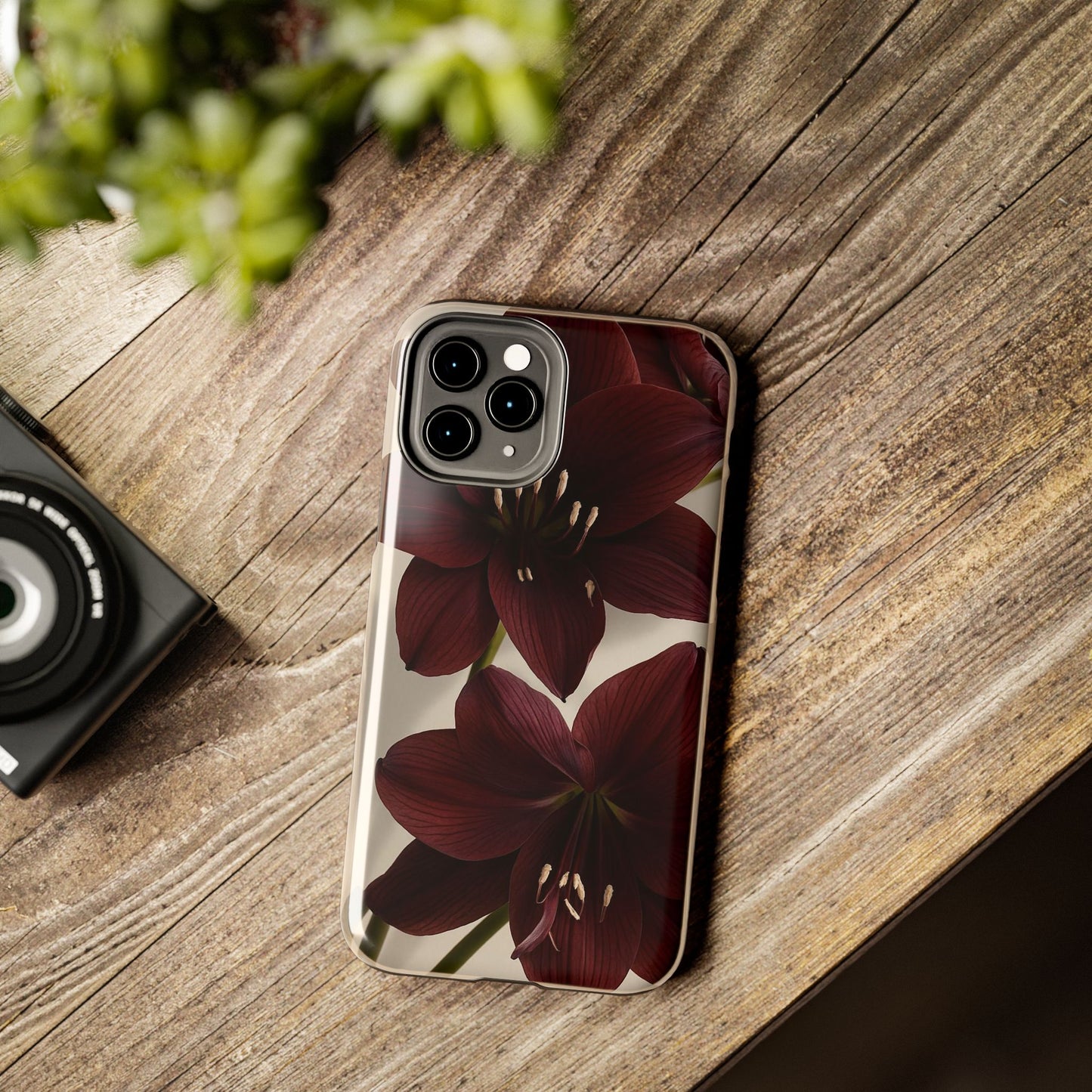 Amaryllis Noir Tough Phone Case — Dark Burgundy Floral Protective Cover