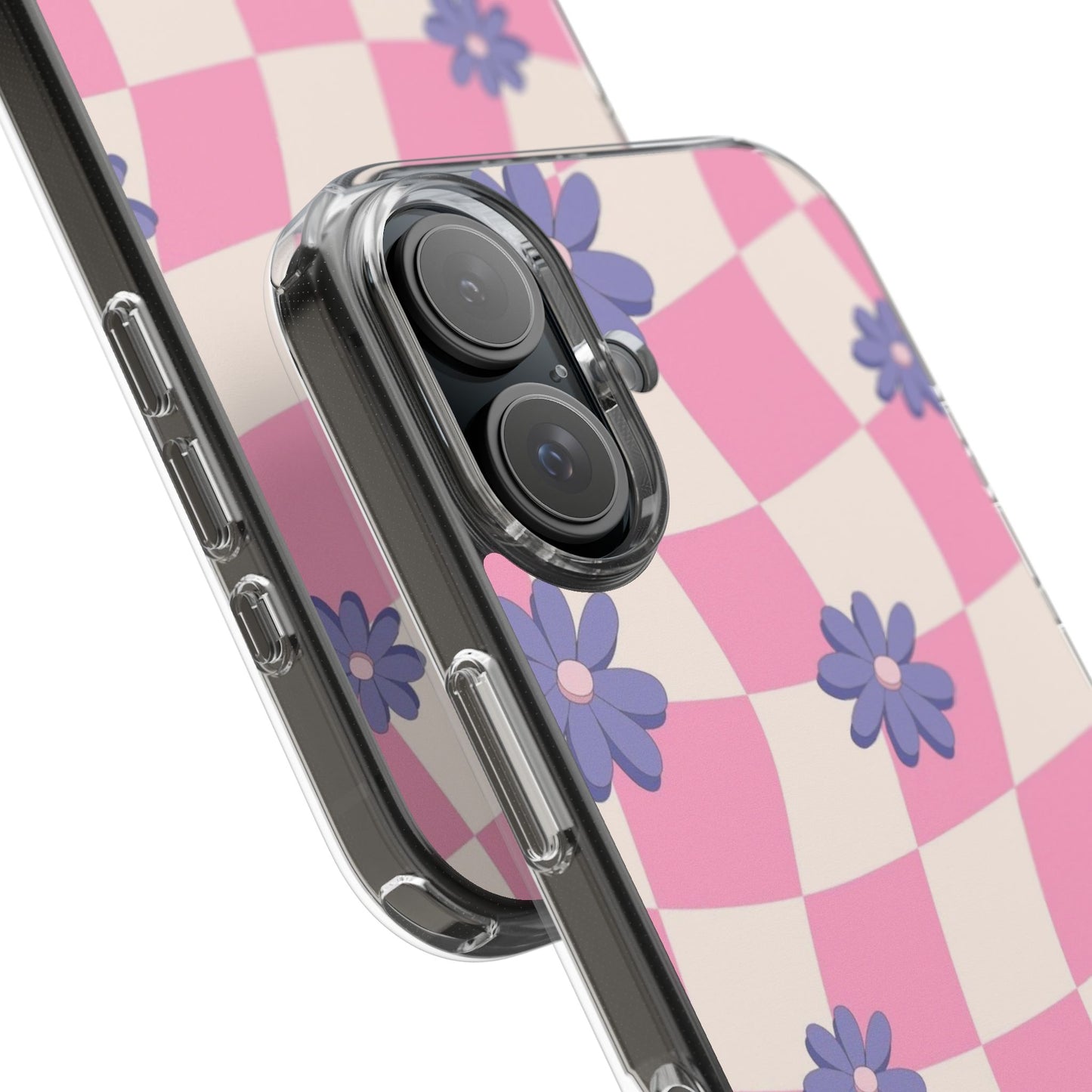 Clear Impact Phone Case — Pink Checkerboard with Purple Flowers