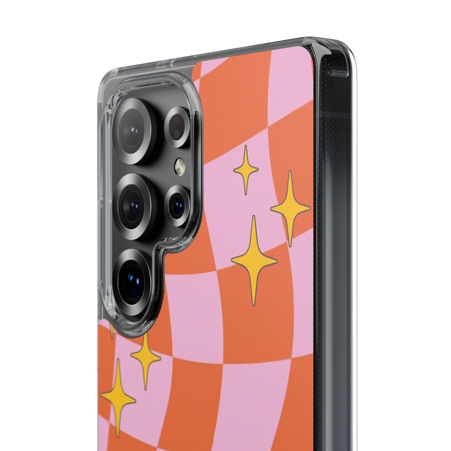 Clear Impact-Resistant Case — Retro Pink & Orange Checker with Sparkle Stars