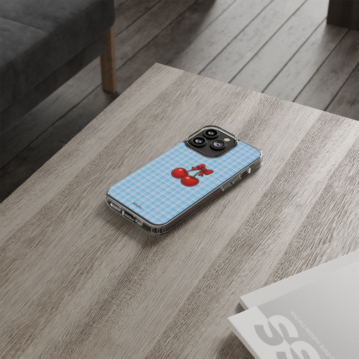 Clear Cherry Gingham Phone Case — Impact-Resistant Clear Case with Red Cherry Design