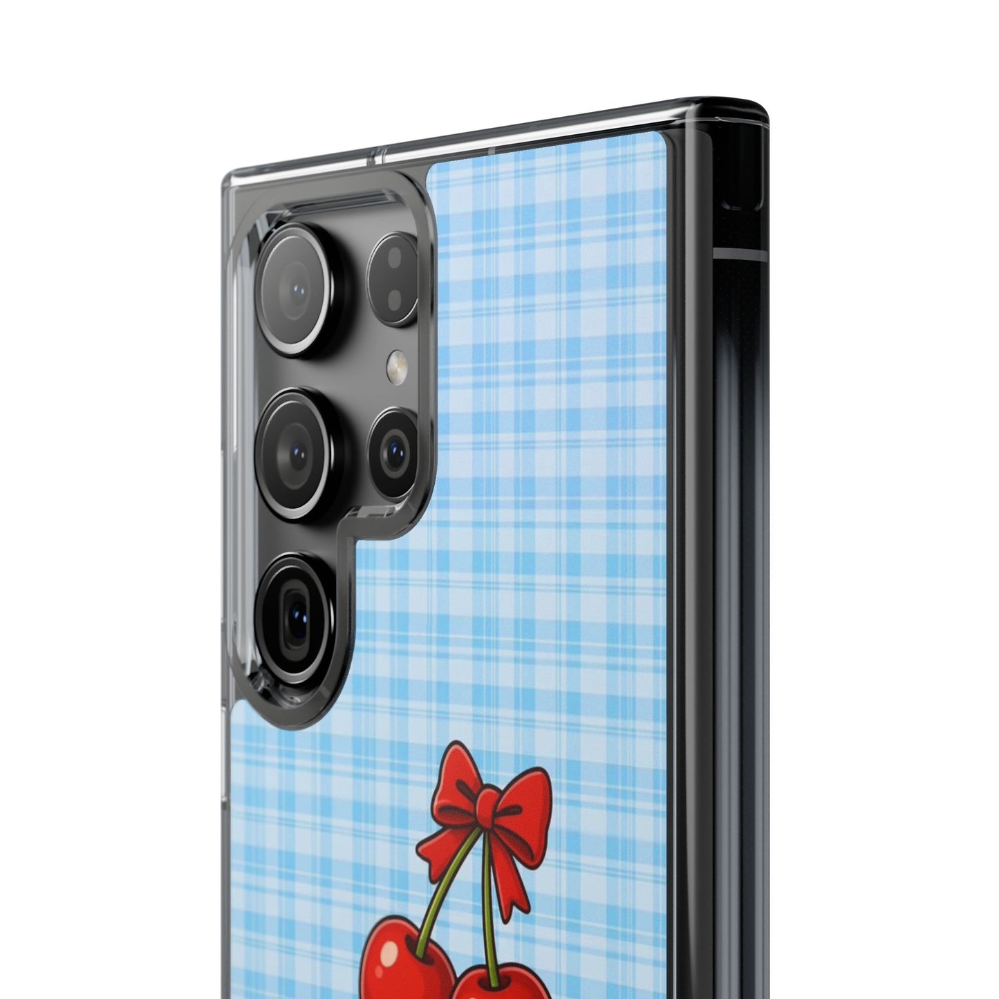 Clear Cherry Gingham Phone Case — Impact-Resistant Clear Case with Red Cherry Design