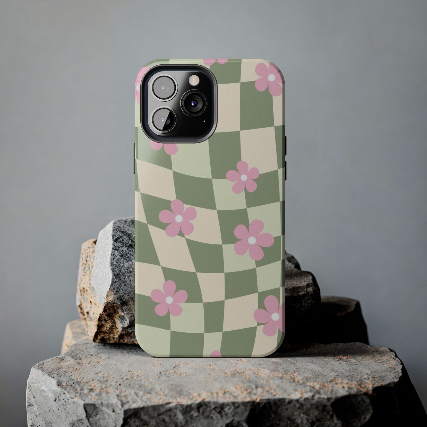 Tough Phone Case — Retro Green Checkerboard with Pink Flowers