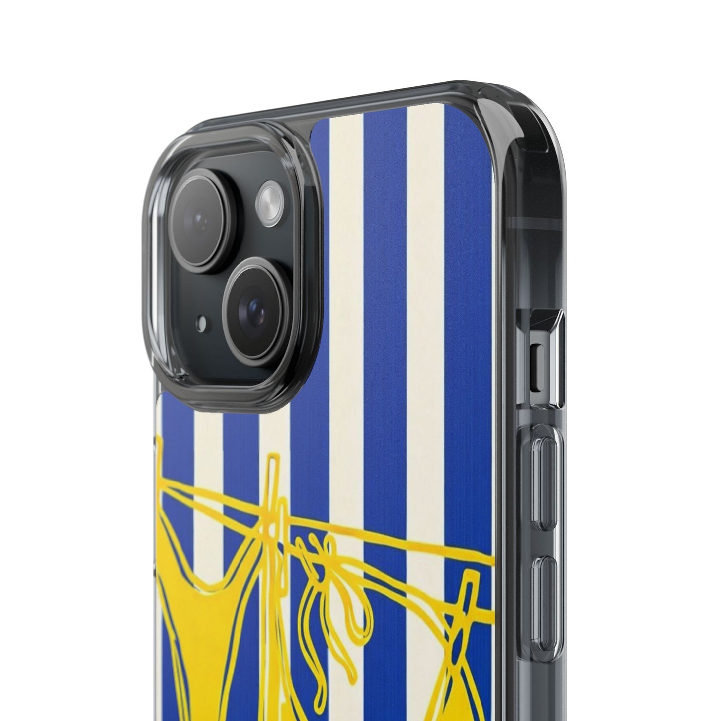 Striped Beach Bikini Phone Case — Yellow Swimwear on Blue & White Stripes, Clear Impact-Resistant