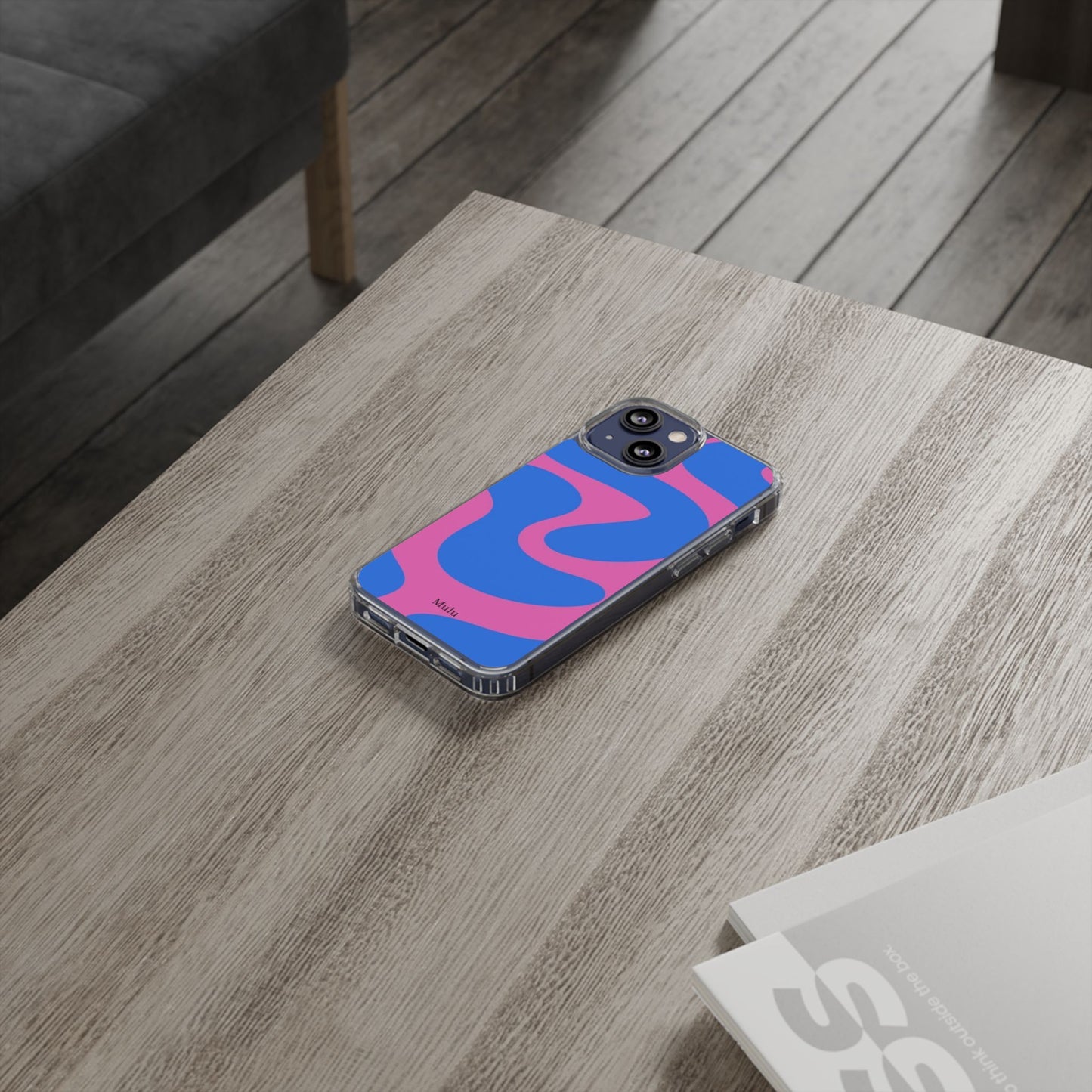 Clear Impact-Resistant Phone Case — Retro Blue & Pink Abstract Swirl