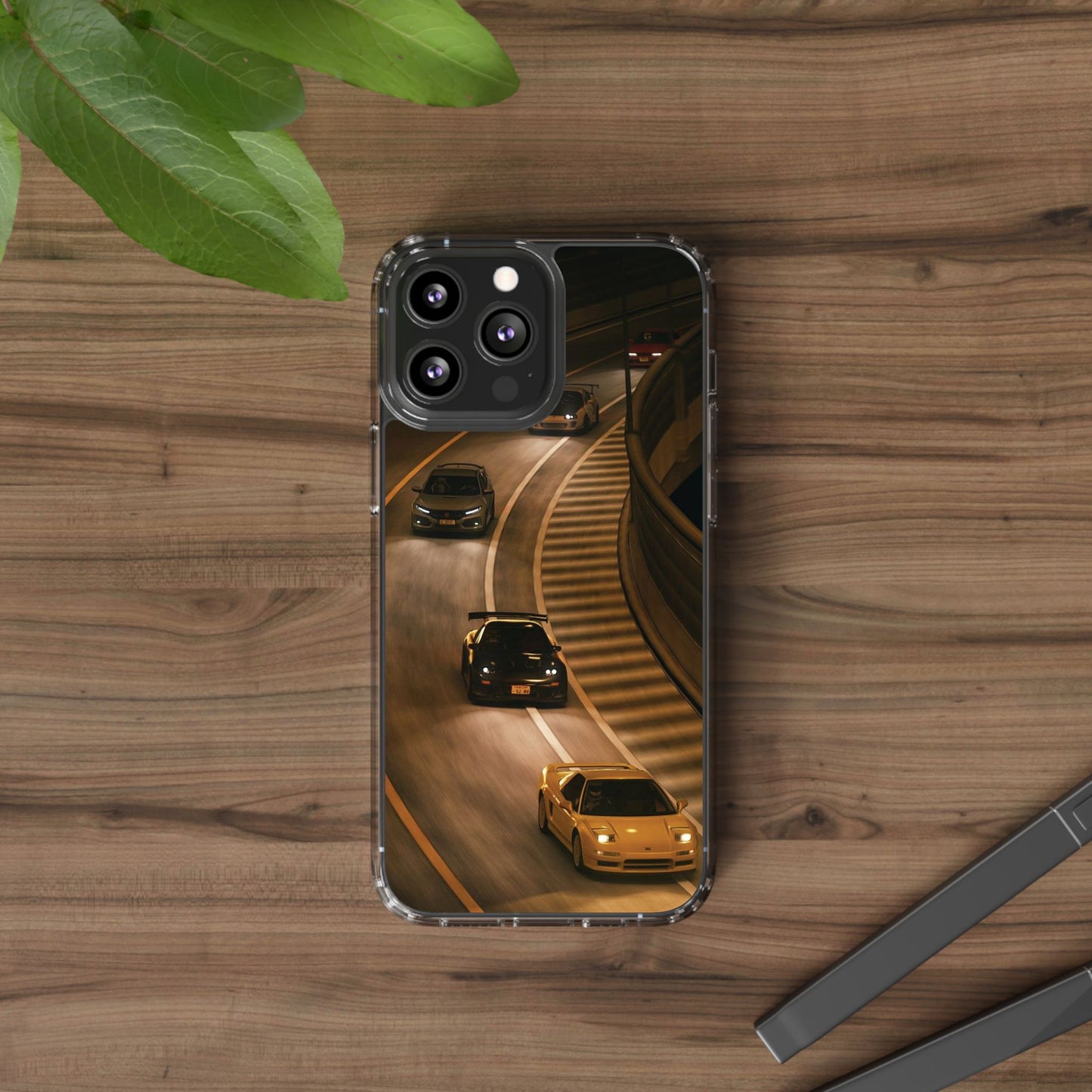 Racing Night Clear Phone Case – Sports Cars on Curved Highway