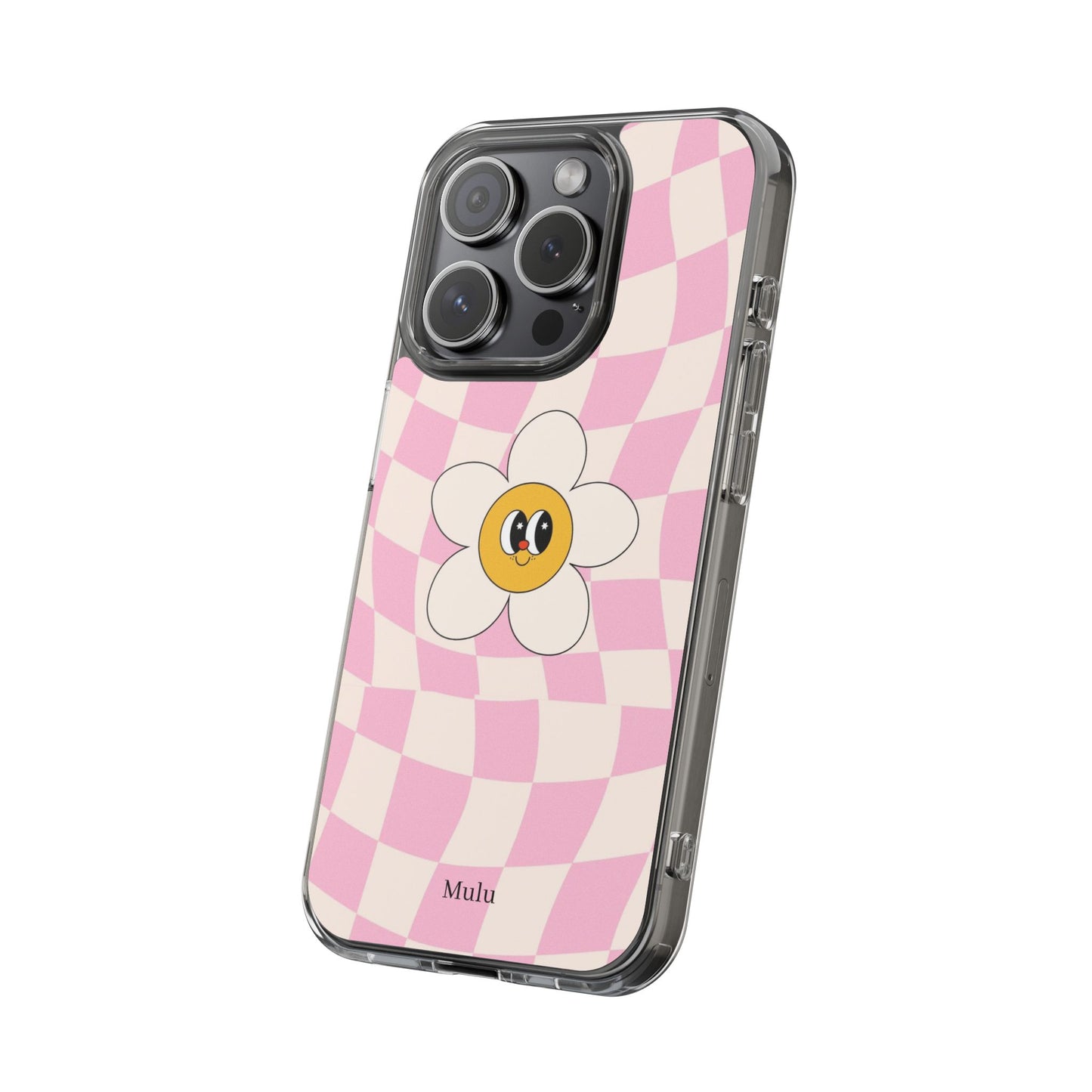 Clear Impact-Resistant Phone Case — Pink Checkerboard Daisy Design