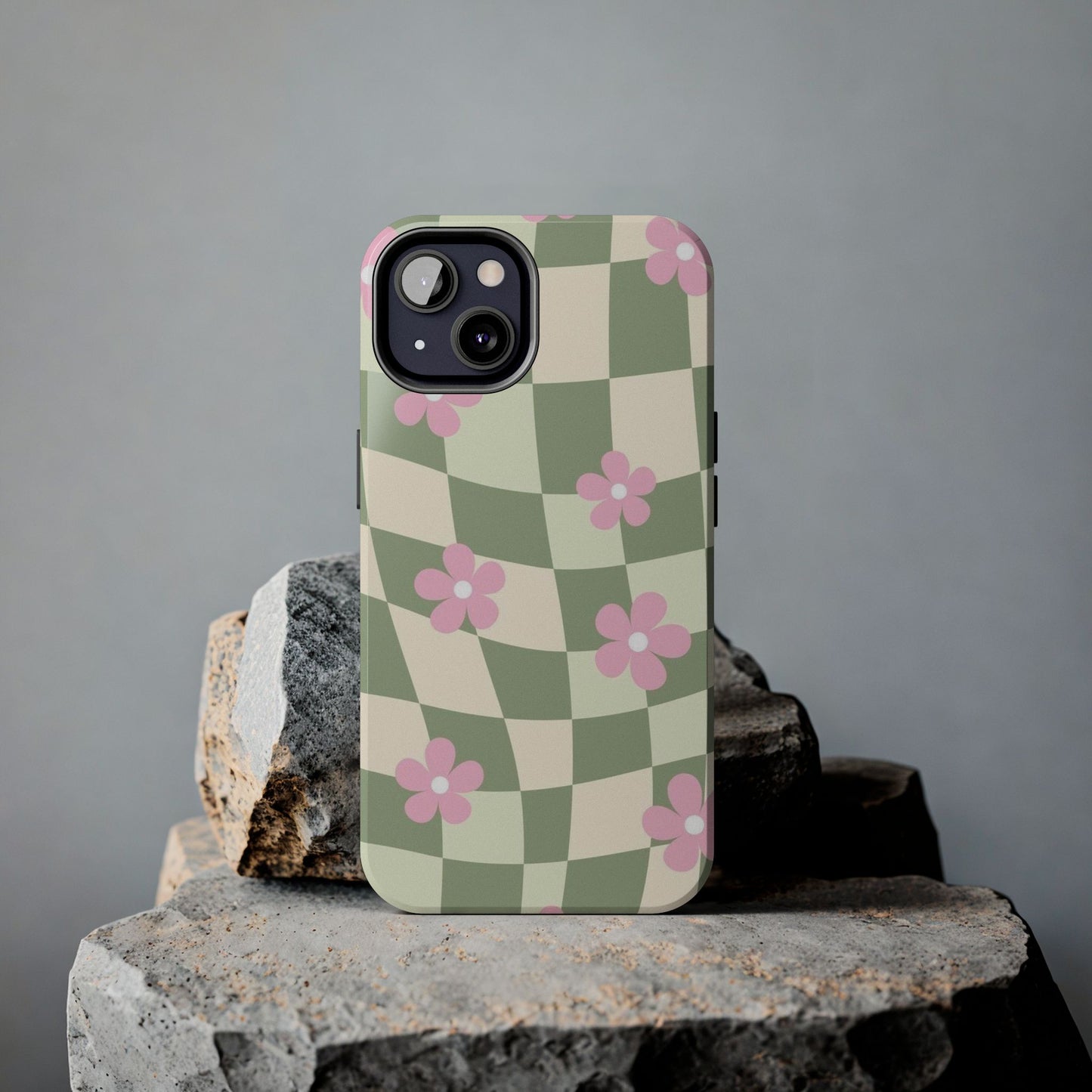 Tough Phone Case — Retro Green Checkerboard with Pink Flowers
