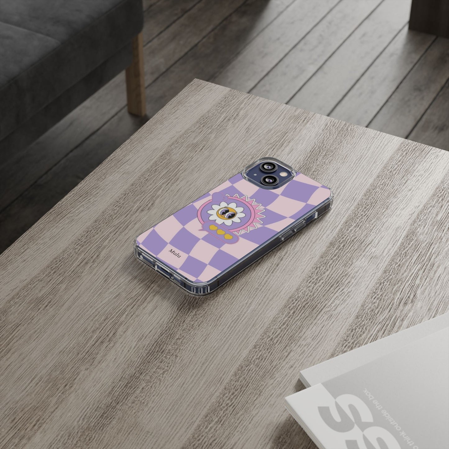 Clear Impact-Resistant Case — Cute Purple Checkerboard Dino with 'Mulu'
