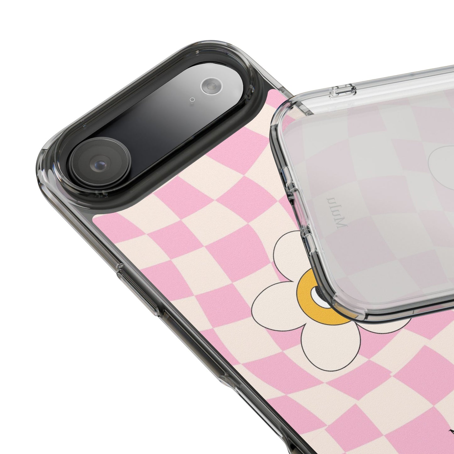 Clear Impact-Resistant Phone Case — Pink Checkerboard Daisy Design
