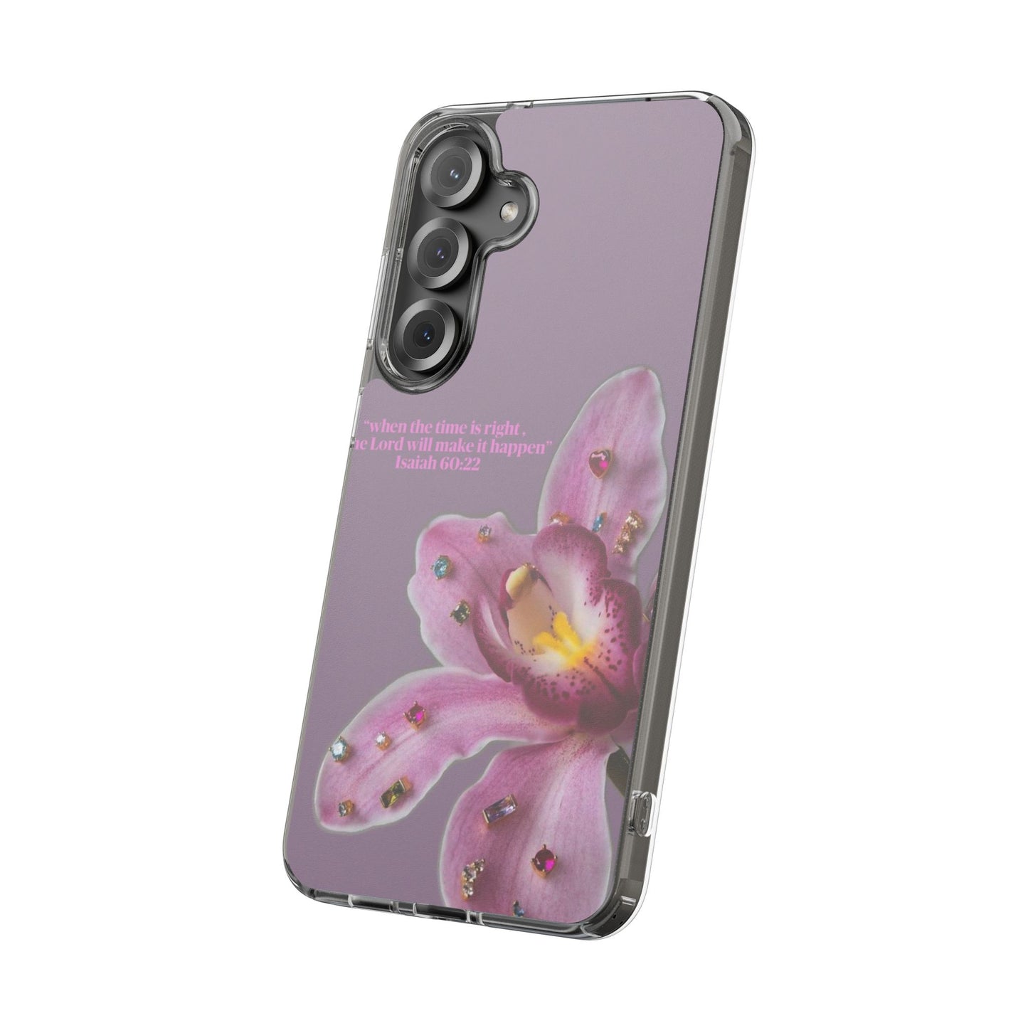Clear Floral Impact-Resistant Phone Case — "When the time is right" Rose Orchid Design