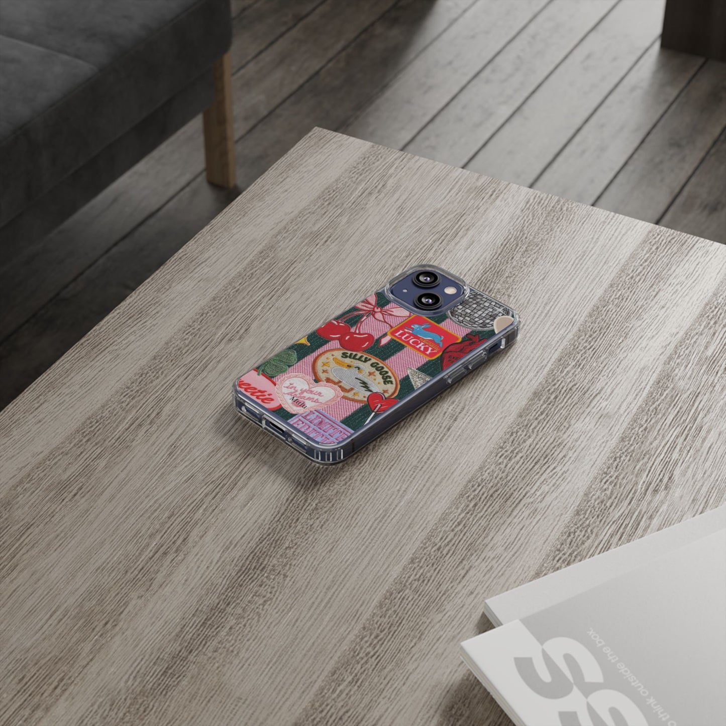 Clear Impact-Resistant Phone Case — Retro Patchwork Stickers (Lucky, Cherries, Silly Goose)