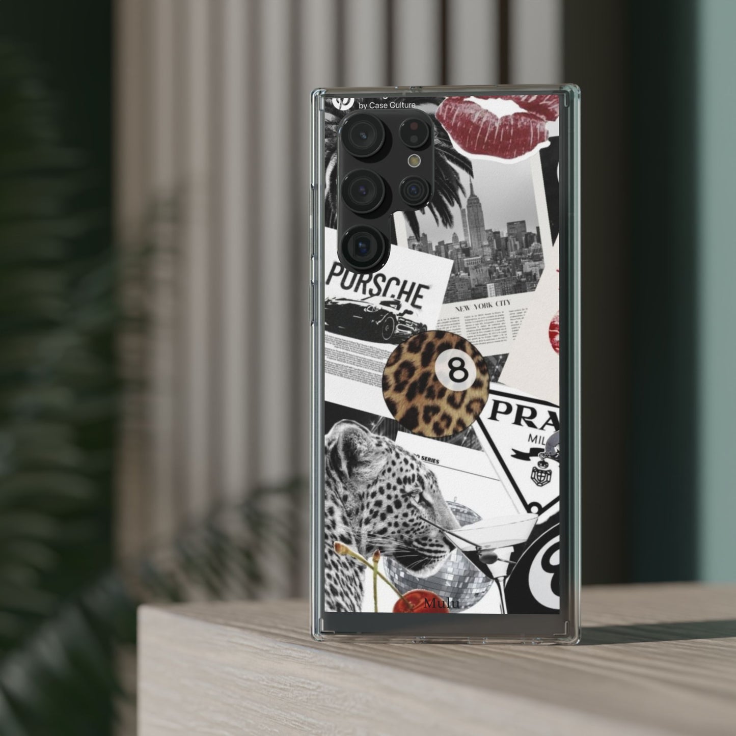 Clear Impact-Resistant Phone Case — Collage Luxury Leopard & Vintage Car Design