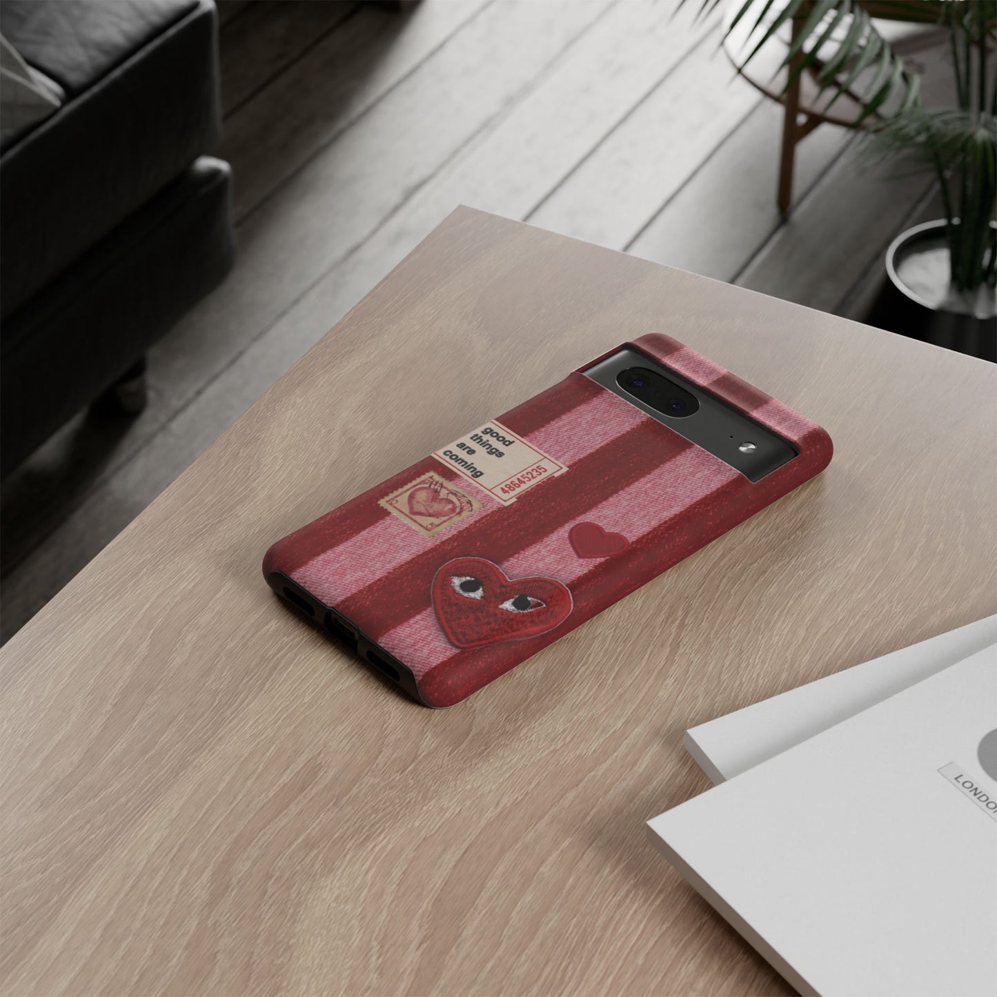 Phone Case — Red Striped Heart Design with “Good Things Are Coming”