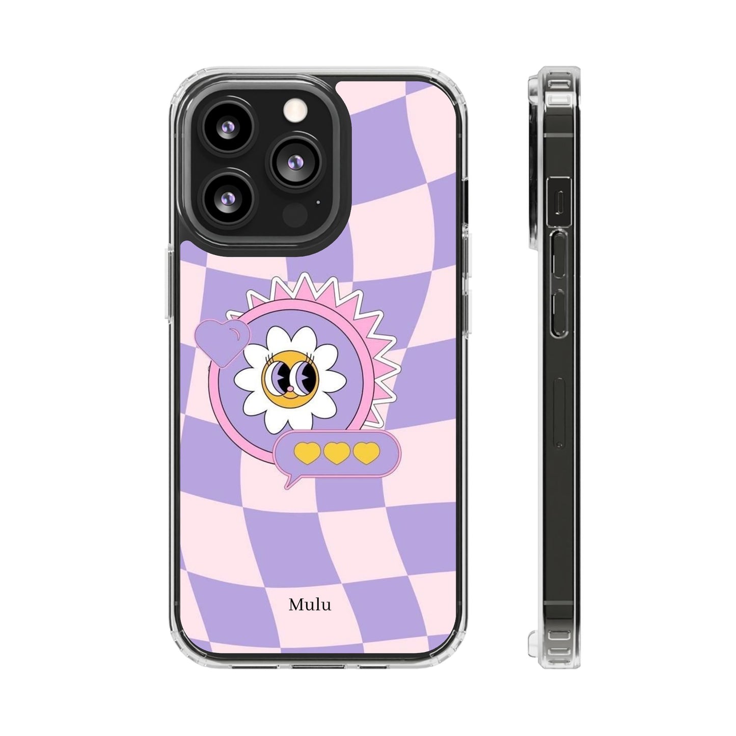 Clear Impact-Resistant Case — Cute Purple Checkerboard Dino with 'Mulu'