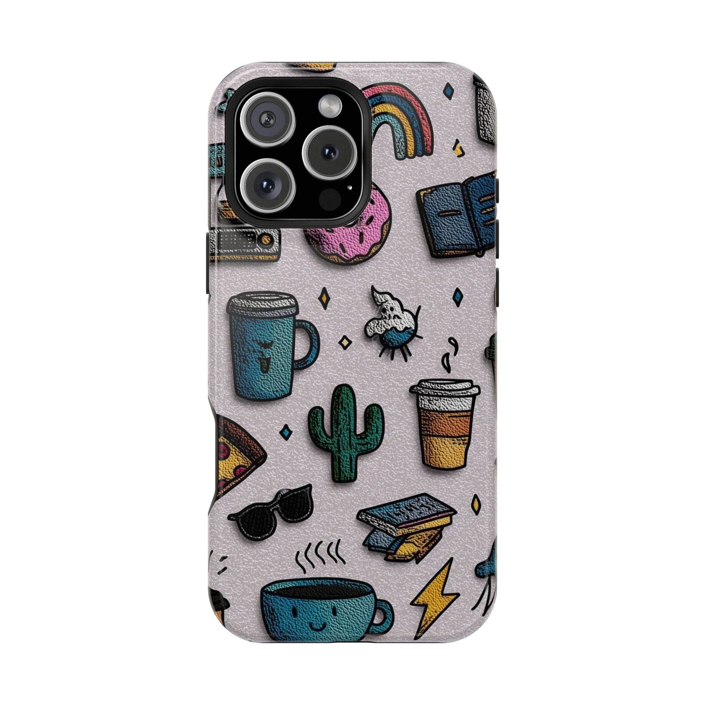 Cute Doodle Phone Case — Magnetic Impact-Resistant Design (coffee, rainbow, cactus)