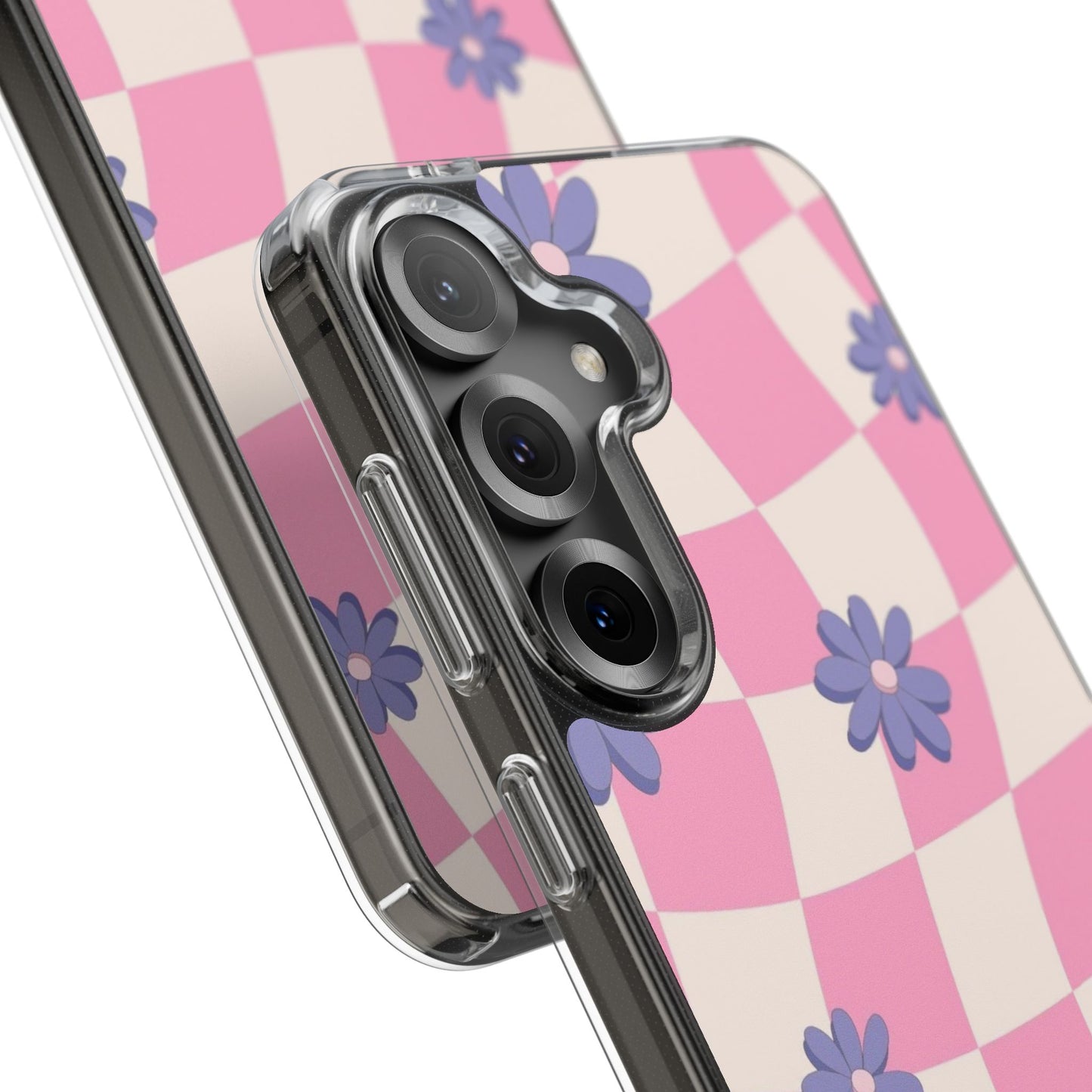 Clear Impact Phone Case — Pink Checkerboard with Purple Flowers