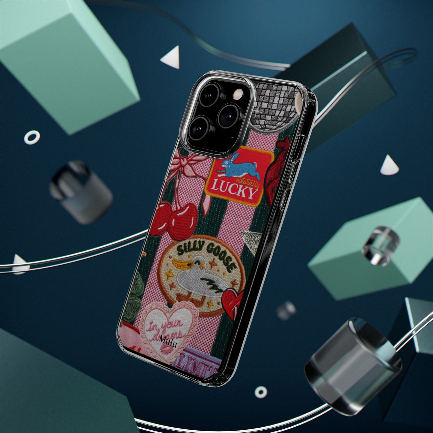 Clear Impact-Resistant Phone Case — Retro Patchwork Stickers (Lucky, Cherries, Silly Goose)