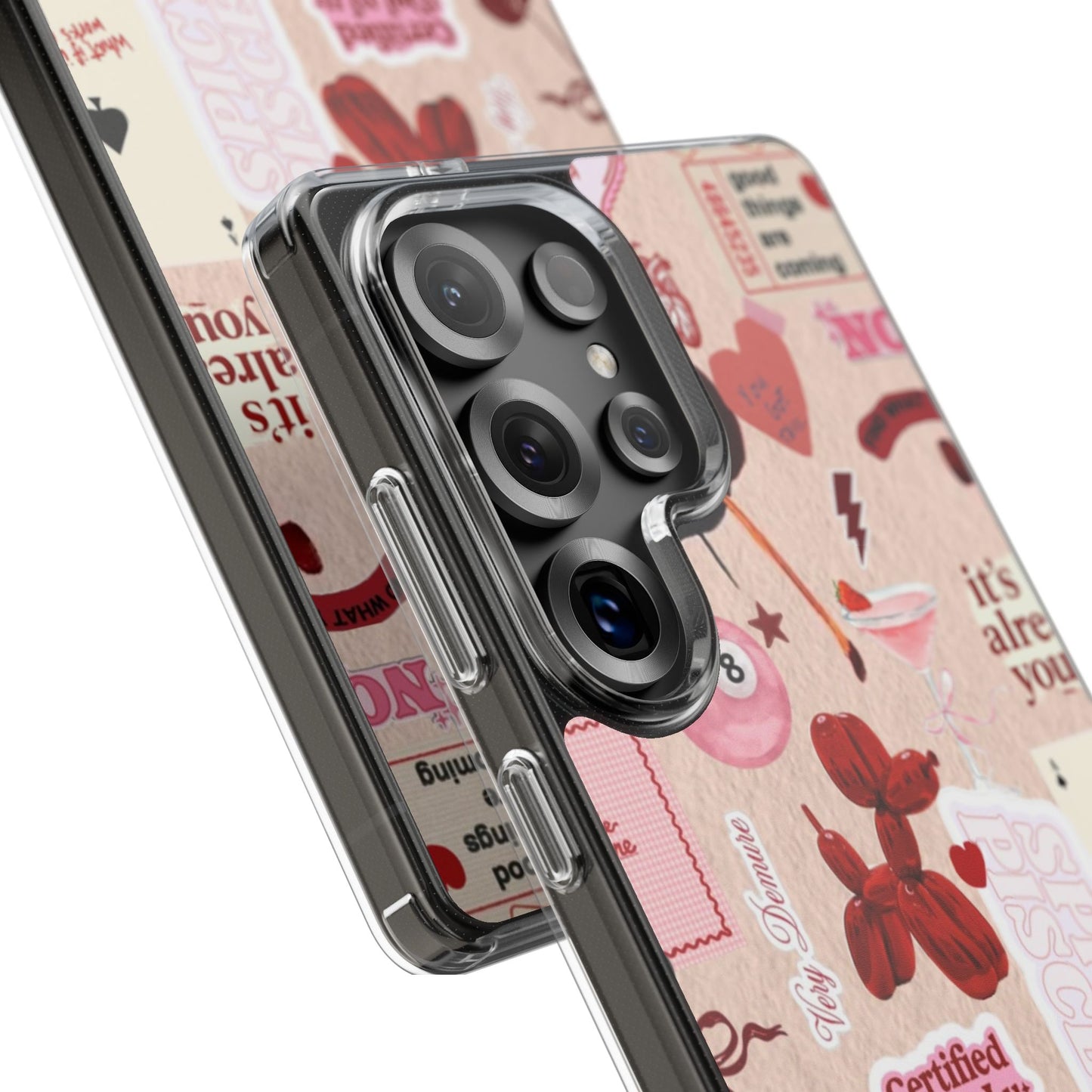 Clear Impact-Resistant Phone Case — Retro Cherry & Sticker Collage