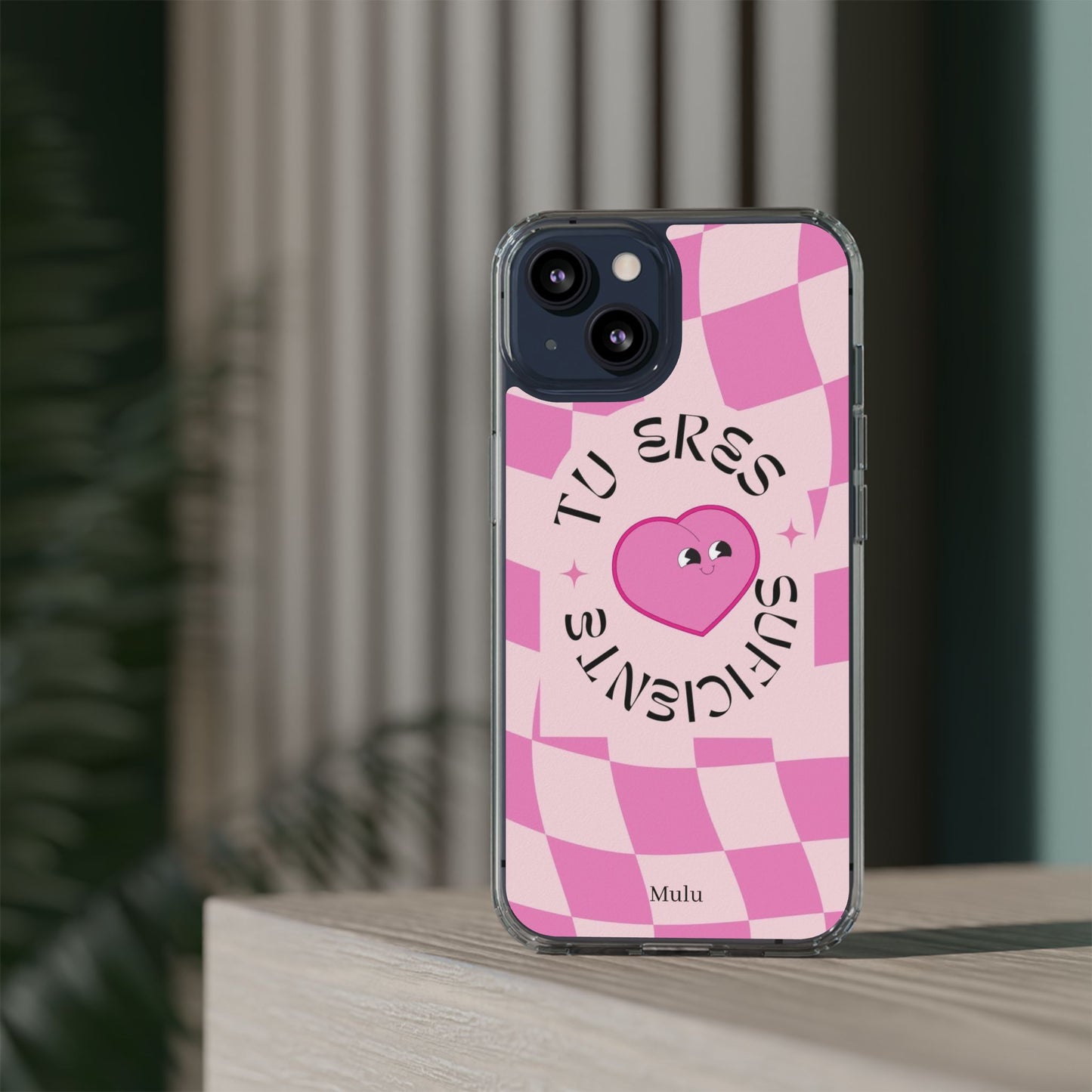 Clear Impact-Resistant Phone Case — Pink Checkerheart “Tu Eres Suficiente” Design