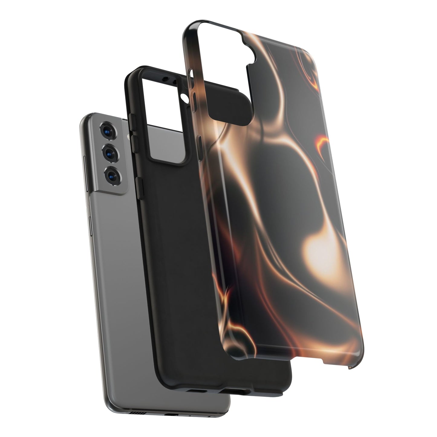 Abstract Liquid Glow Tough Phone Case — Black & Bronze Swirl Protective Cover