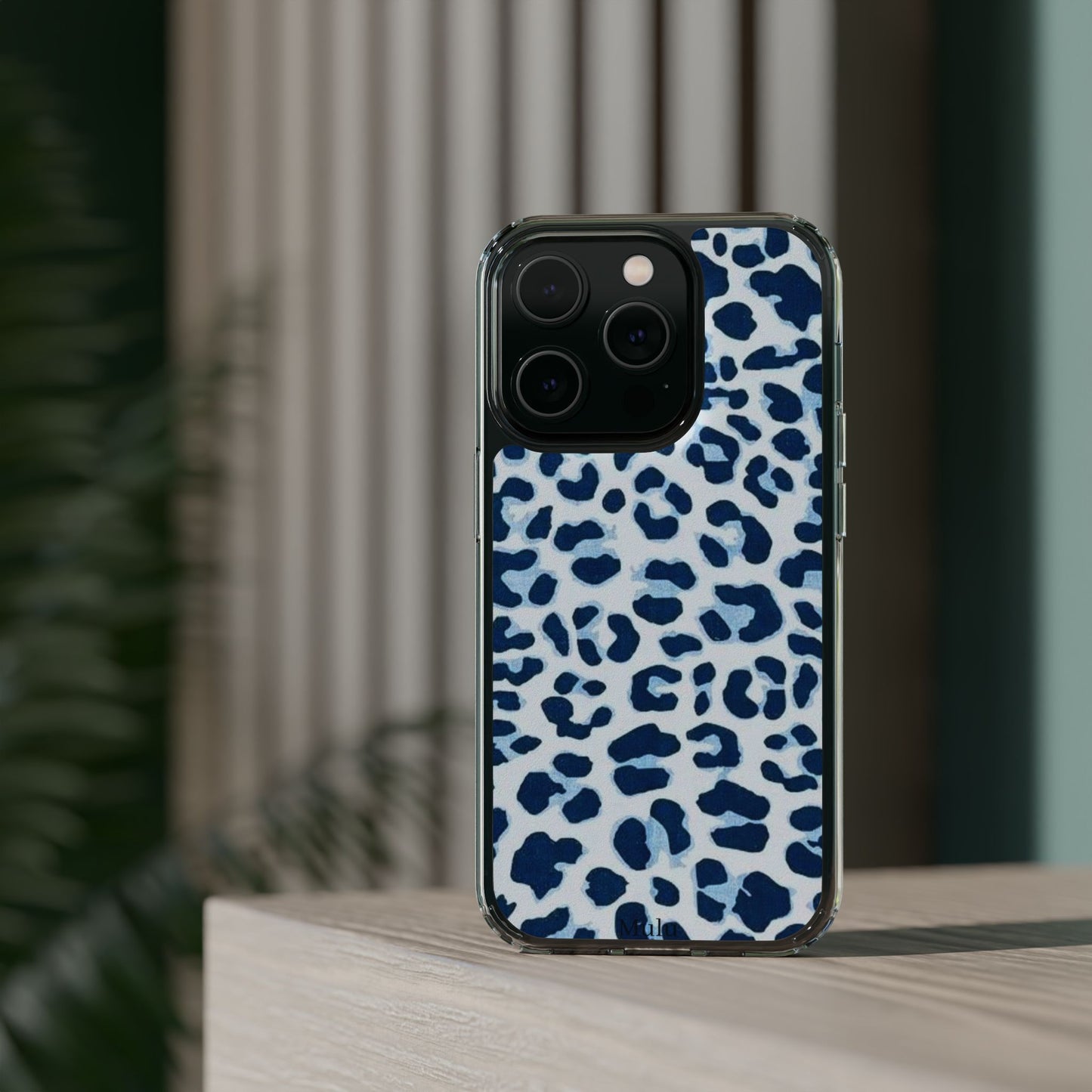 Clear Impact-Resistant Phone Case — Blue Watercolor Leopard Print