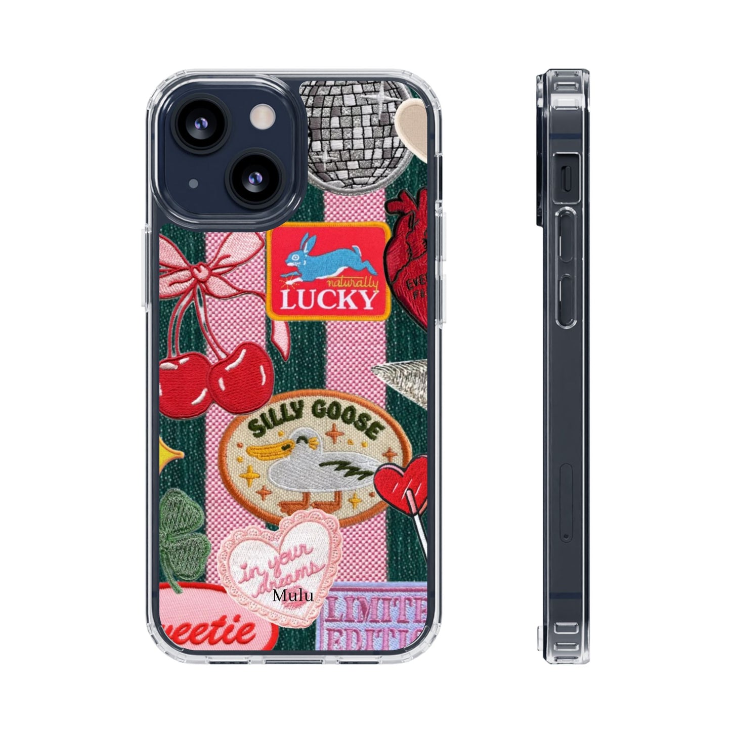 Clear Impact-Resistant Phone Case — Retro Patchwork Stickers (Lucky, Cherries, Silly Goose)