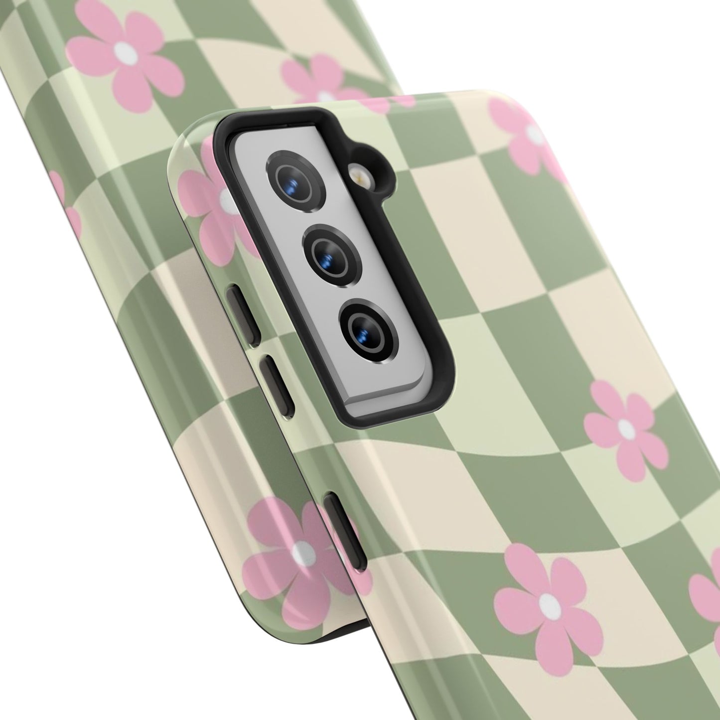 Tough Phone Case — Retro Green Checkerboard with Pink Flowers