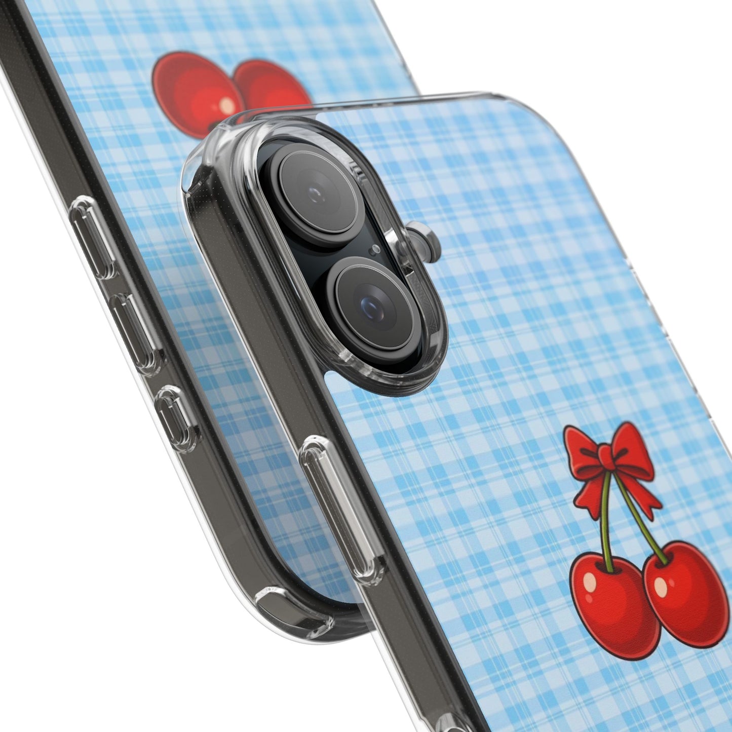 Clear Cherry Gingham Phone Case — Impact-Resistant Clear Case with Red Cherry Design