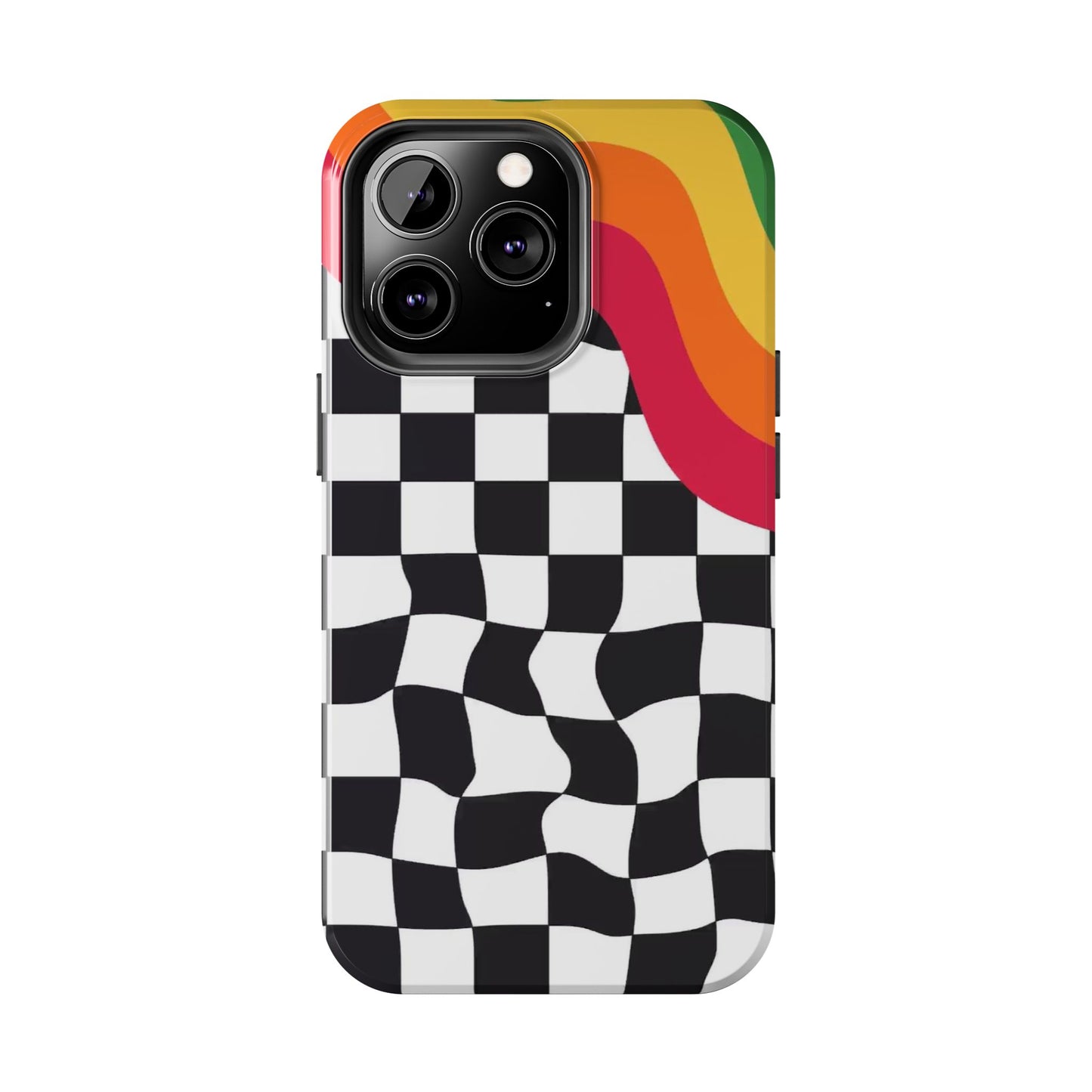 Retro Wavy Checkerboard Tough Phone Case — Rainbow Surf Skate Design
