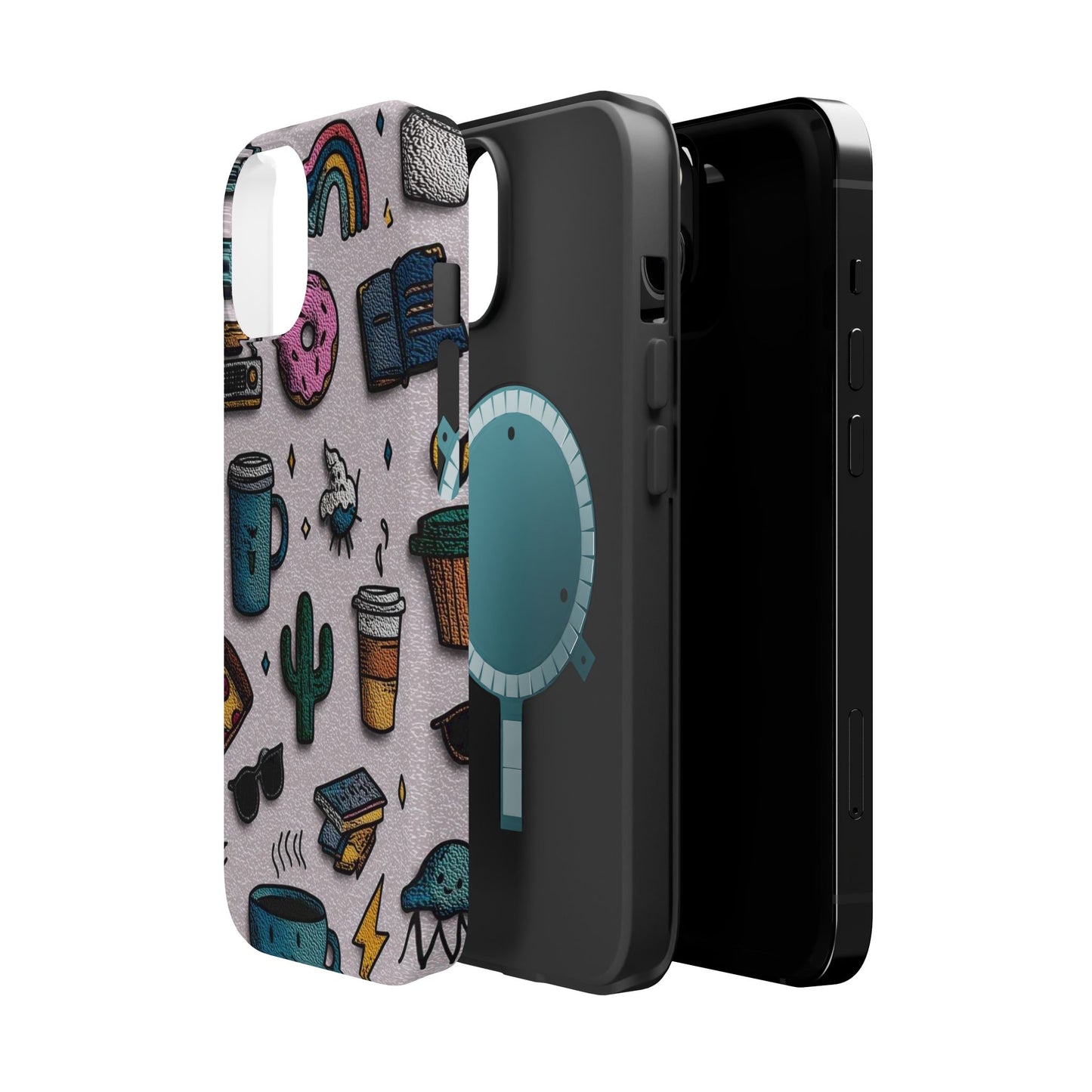 Cute Doodle Phone Case — Magnetic Impact-Resistant Design (coffee, rainbow, cactus)