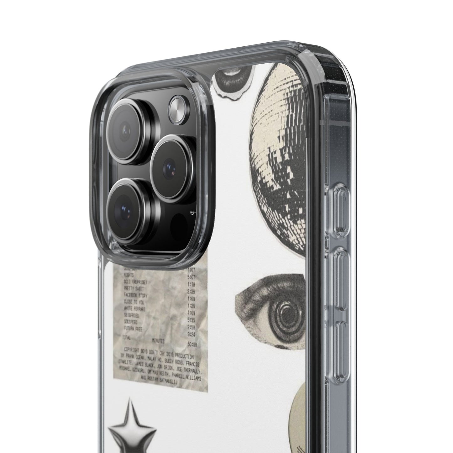 Clear Phone Case — Vintage Collage Stickers (Moon, Eye, Car, Cherries)