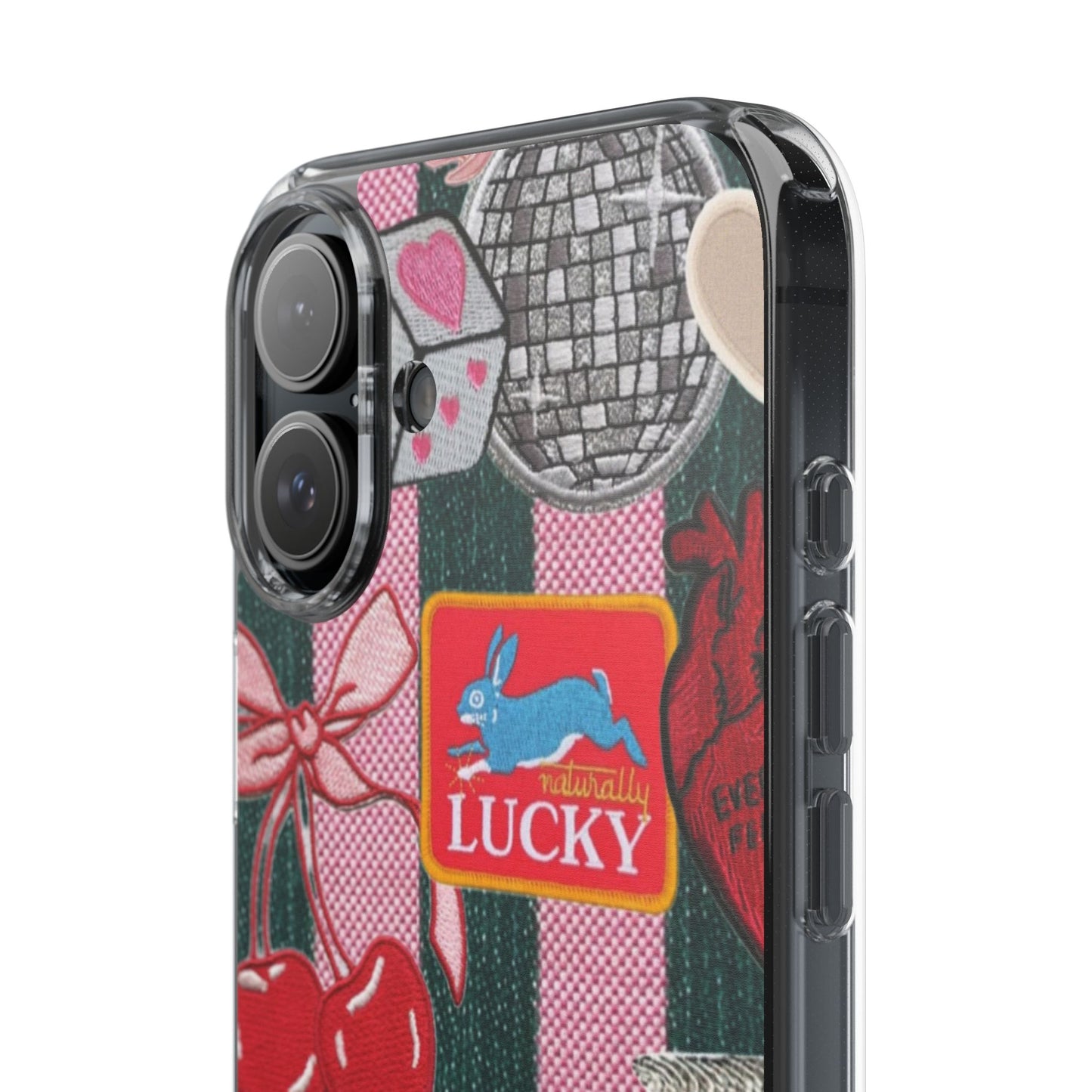 Clear Impact-Resistant Phone Case — Retro Patchwork Stickers (Lucky, Cherries, Silly Goose)