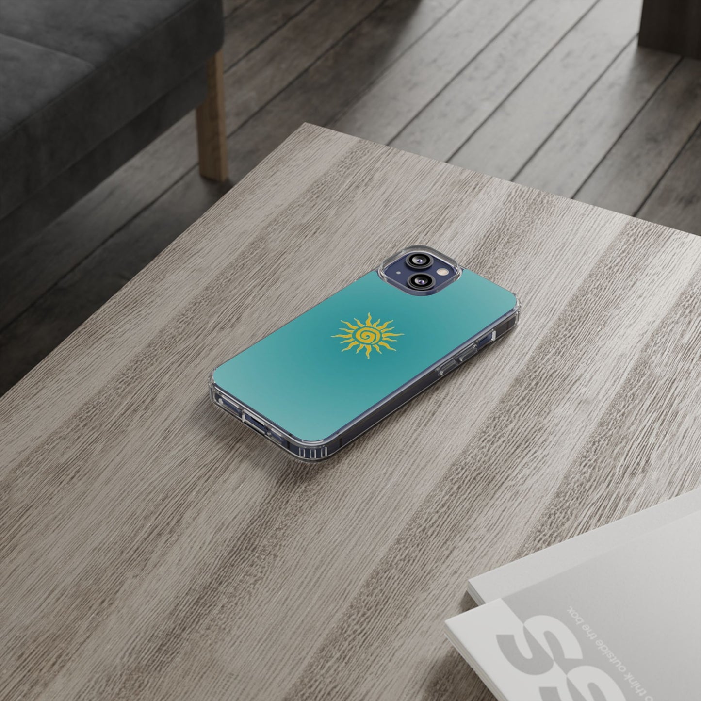 Clear Impact-Resistant Phone Case — Yellow Sun on Teal Gradient