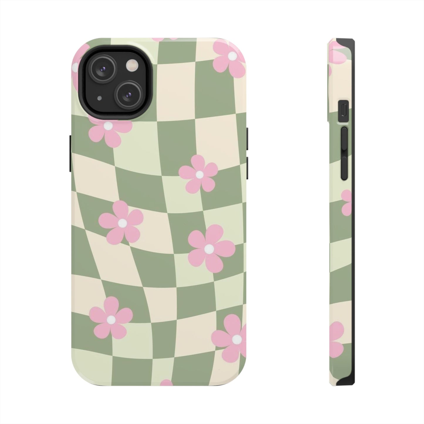 Tough Phone Case — Retro Green Checkerboard with Pink Flowers