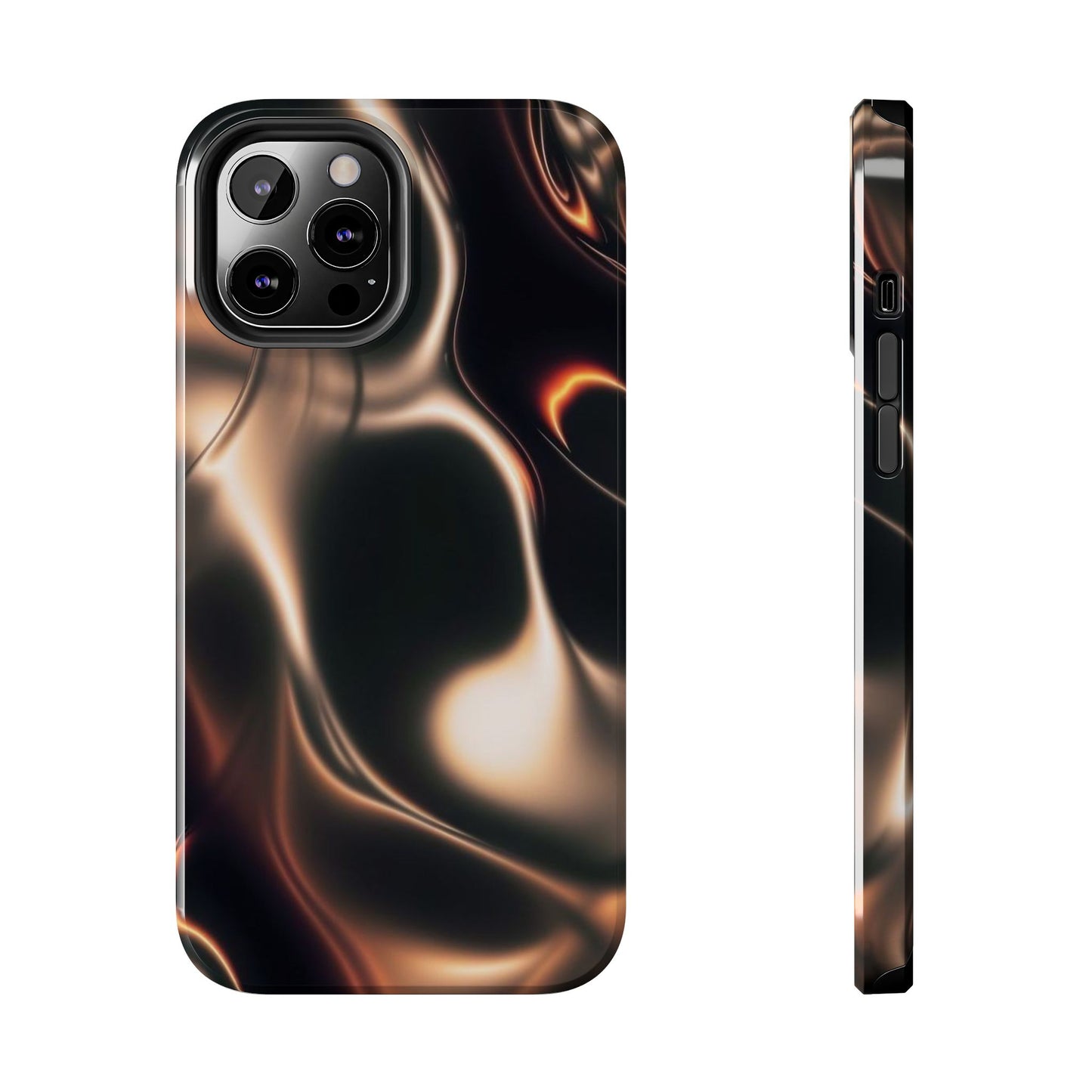 Abstract Liquid Glow Tough Phone Case — Black & Bronze Swirl Protective Cover