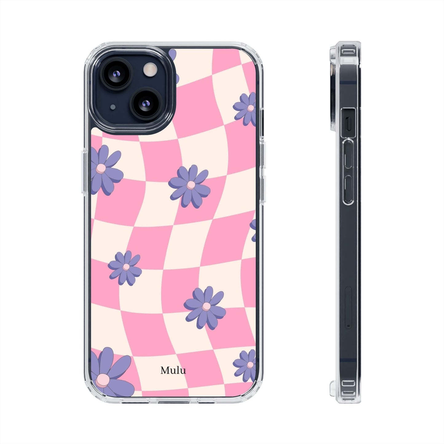 Clear Impact Phone Case — Pink Checkerboard with Purple Flowers