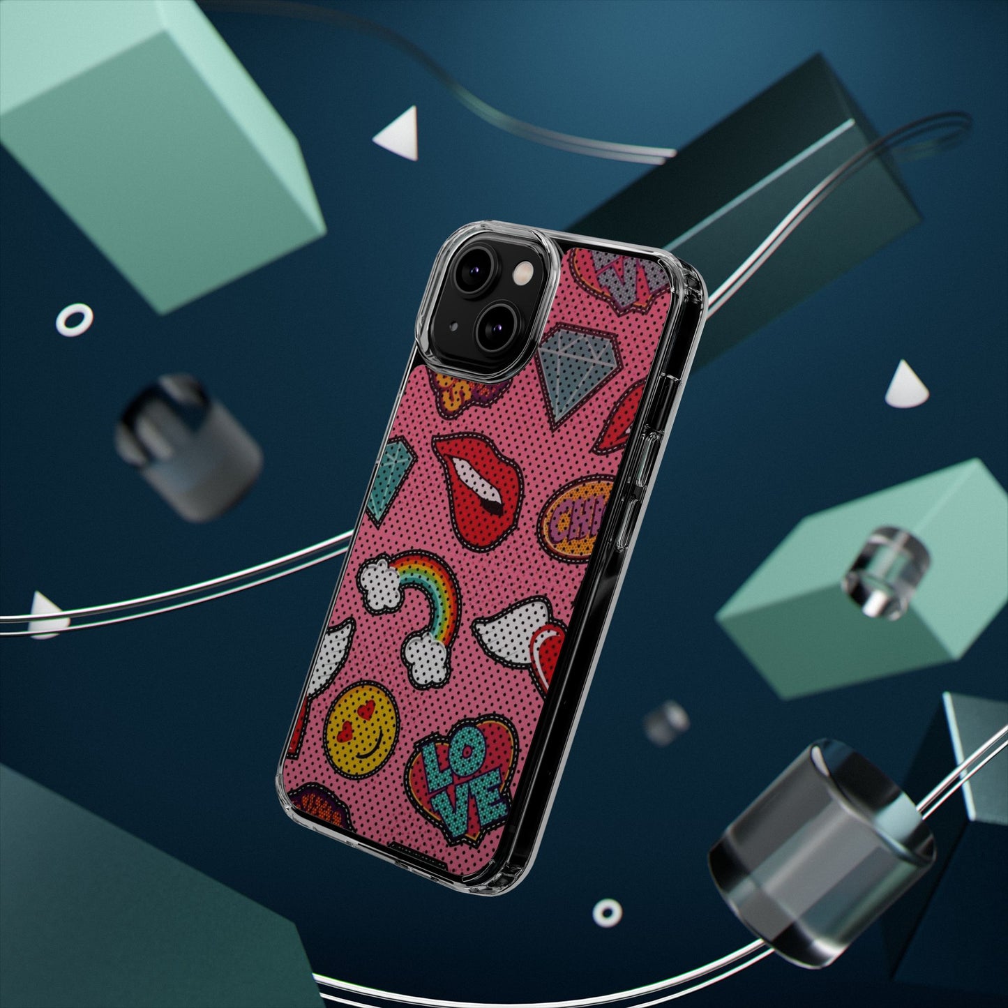 Clear Impact-Resistant Phone Case — Pink Pop Sticker Pattern (Hearts, Rainbows, Smileys)