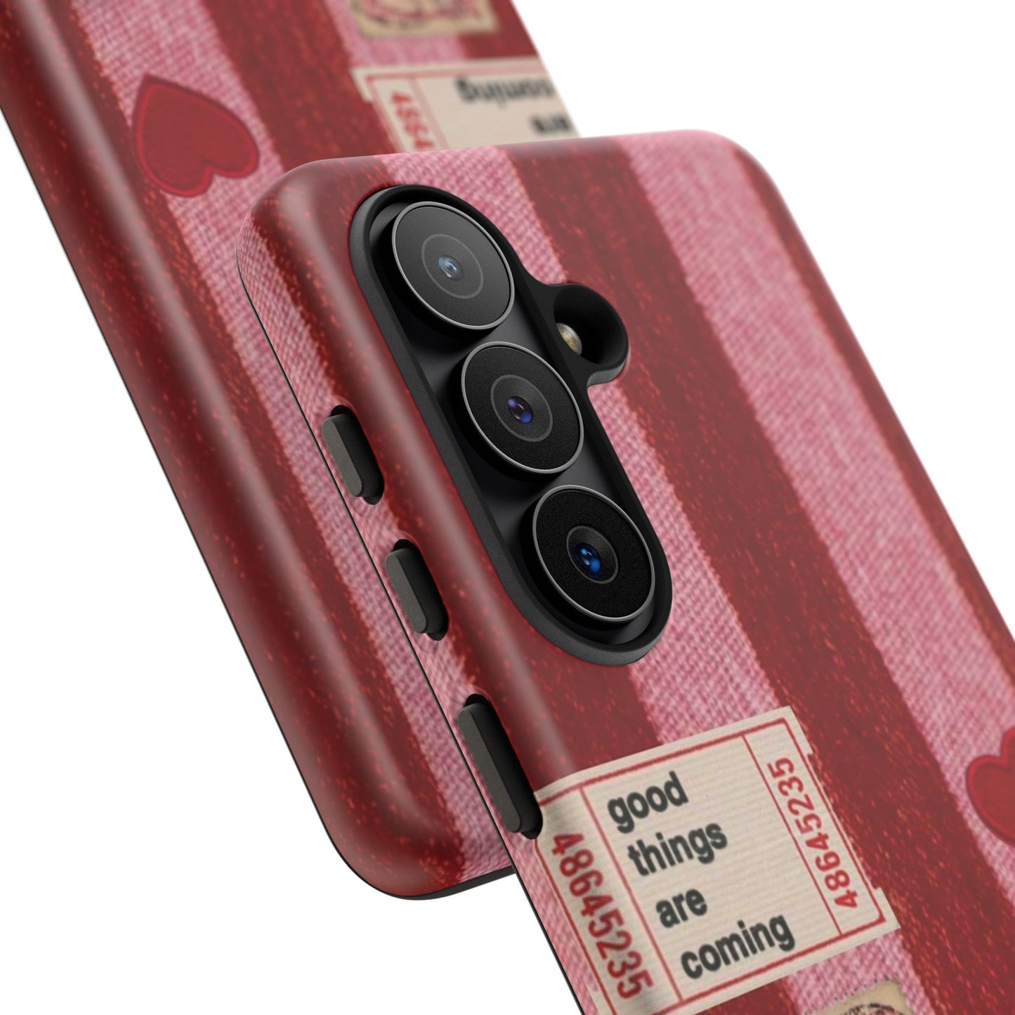 Phone Case — Red Striped Heart Design with “Good Things Are Coming”