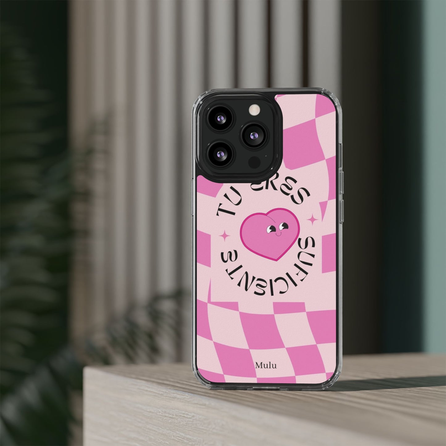 Clear Impact-Resistant Phone Case — Pink Checkerheart “Tu Eres Suficiente” Design