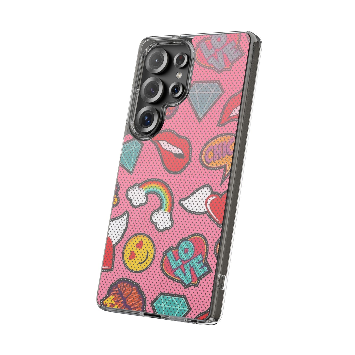 Clear Impact-Resistant Phone Case — Pink Pop Sticker Pattern (Hearts, Rainbows, Smileys)